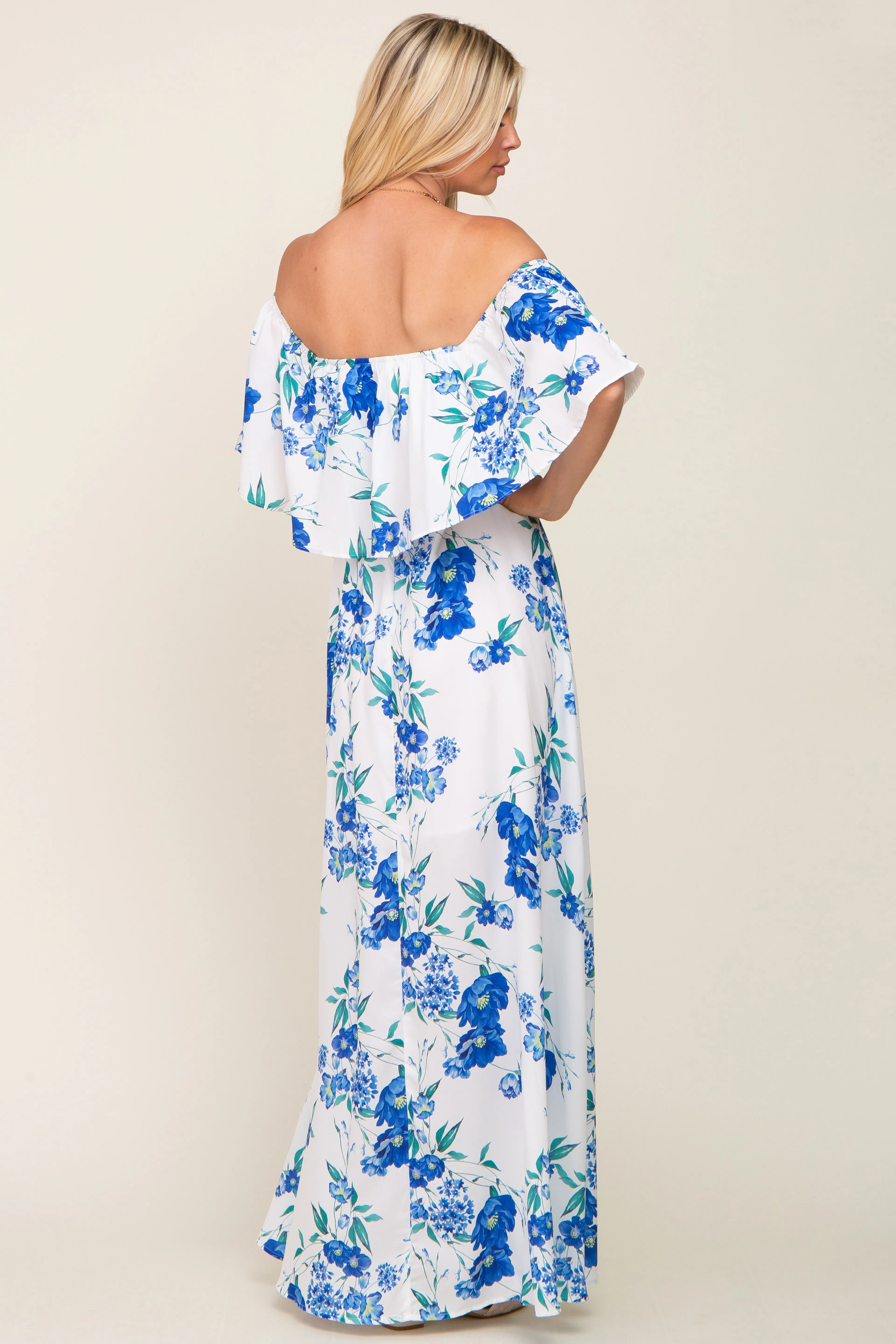 Off-Shoulder Maxi Dress with Blue Floral Overlay and Side Slit