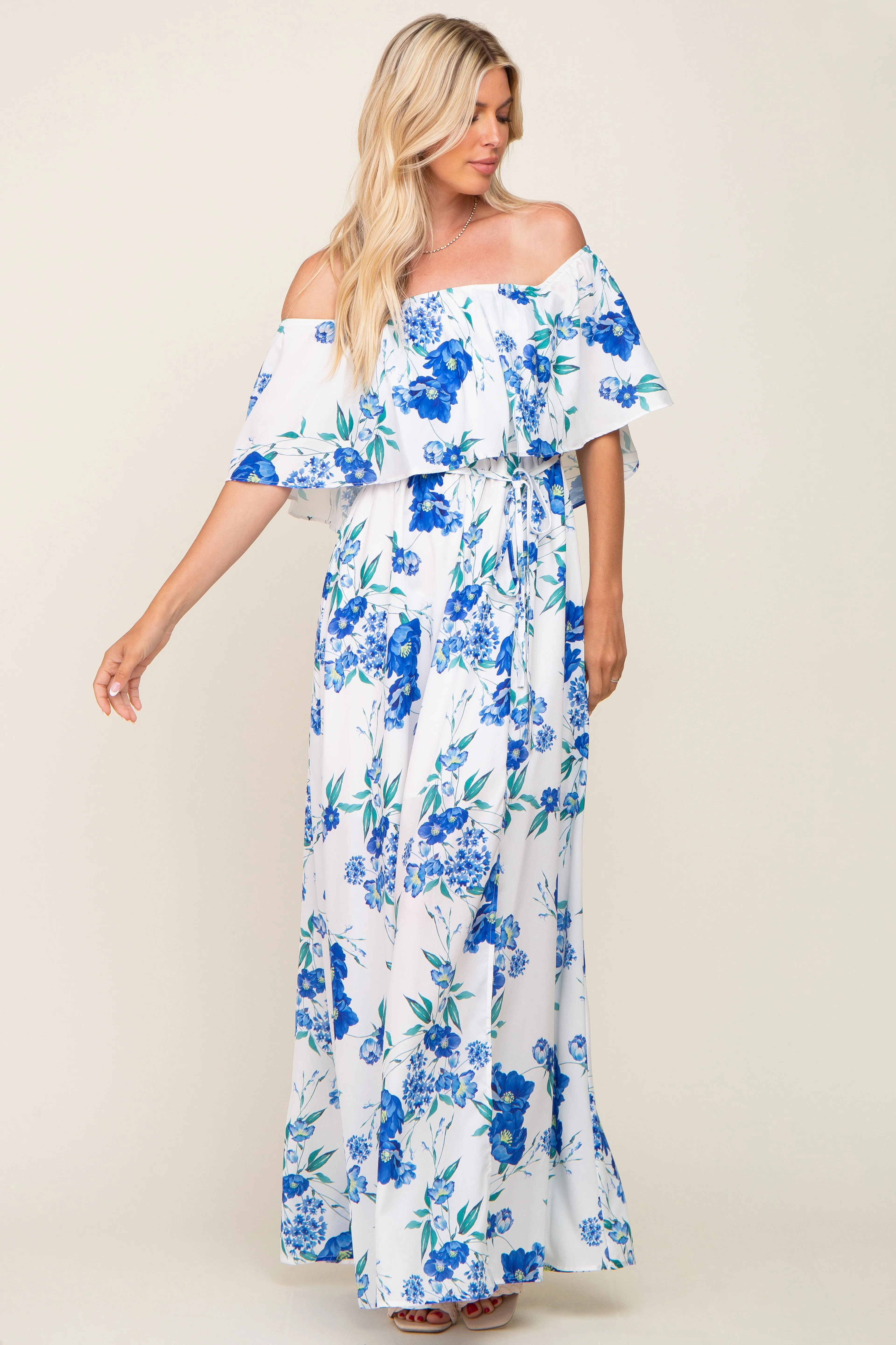 Off-Shoulder Maxi Dress with Blue Floral Overlay and Side Slit