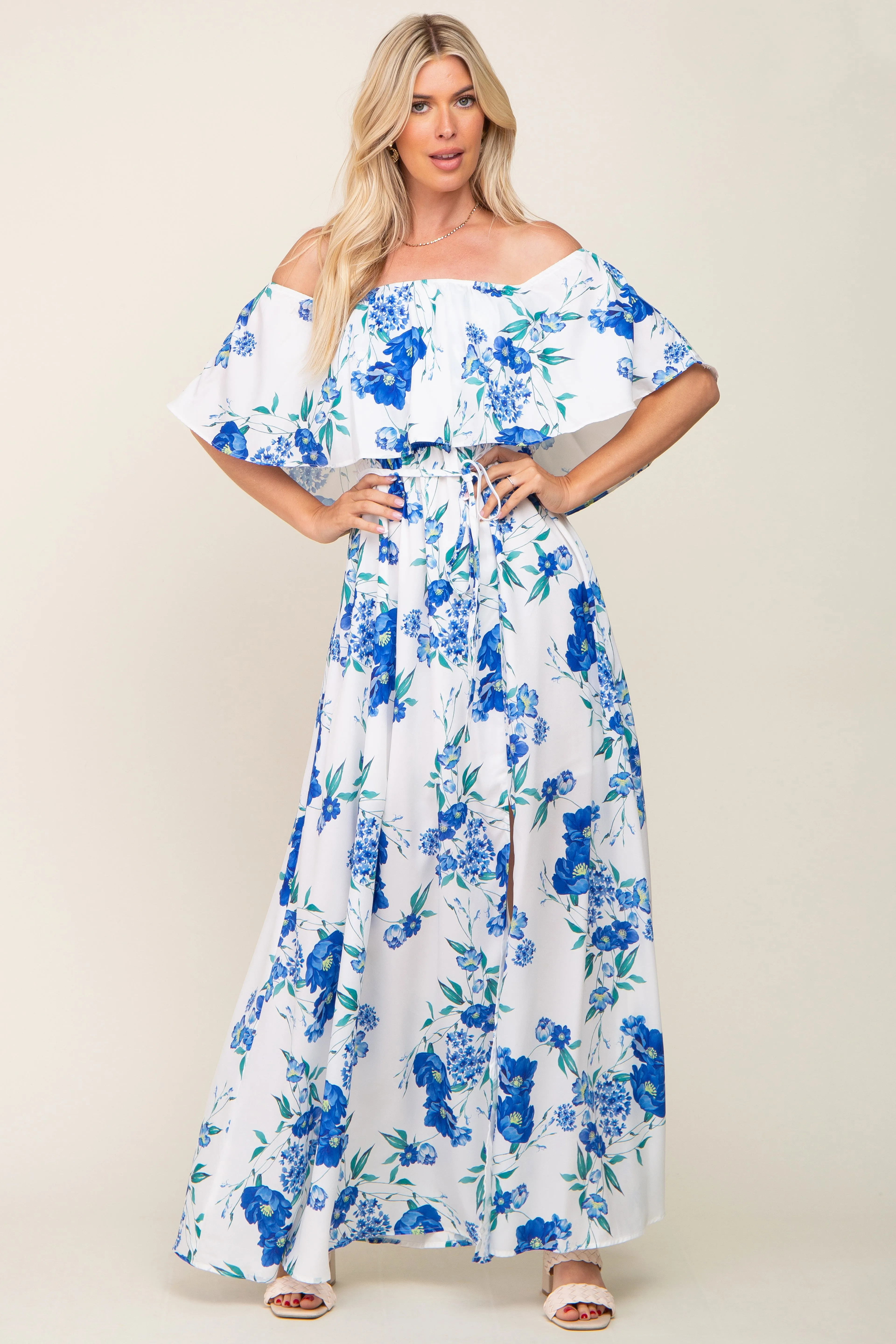 Off-Shoulder Maxi Dress with Blue Floral Overlay and Side Slit