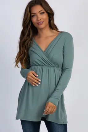 Olive Green Long Sleeve Wrap Front Maternity Nursing Top by PinkBlush