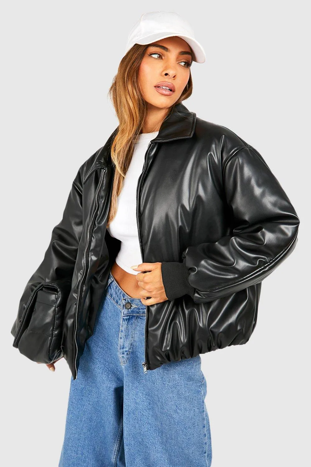 Padded Faux Leather Bomber Jacket by boohoo