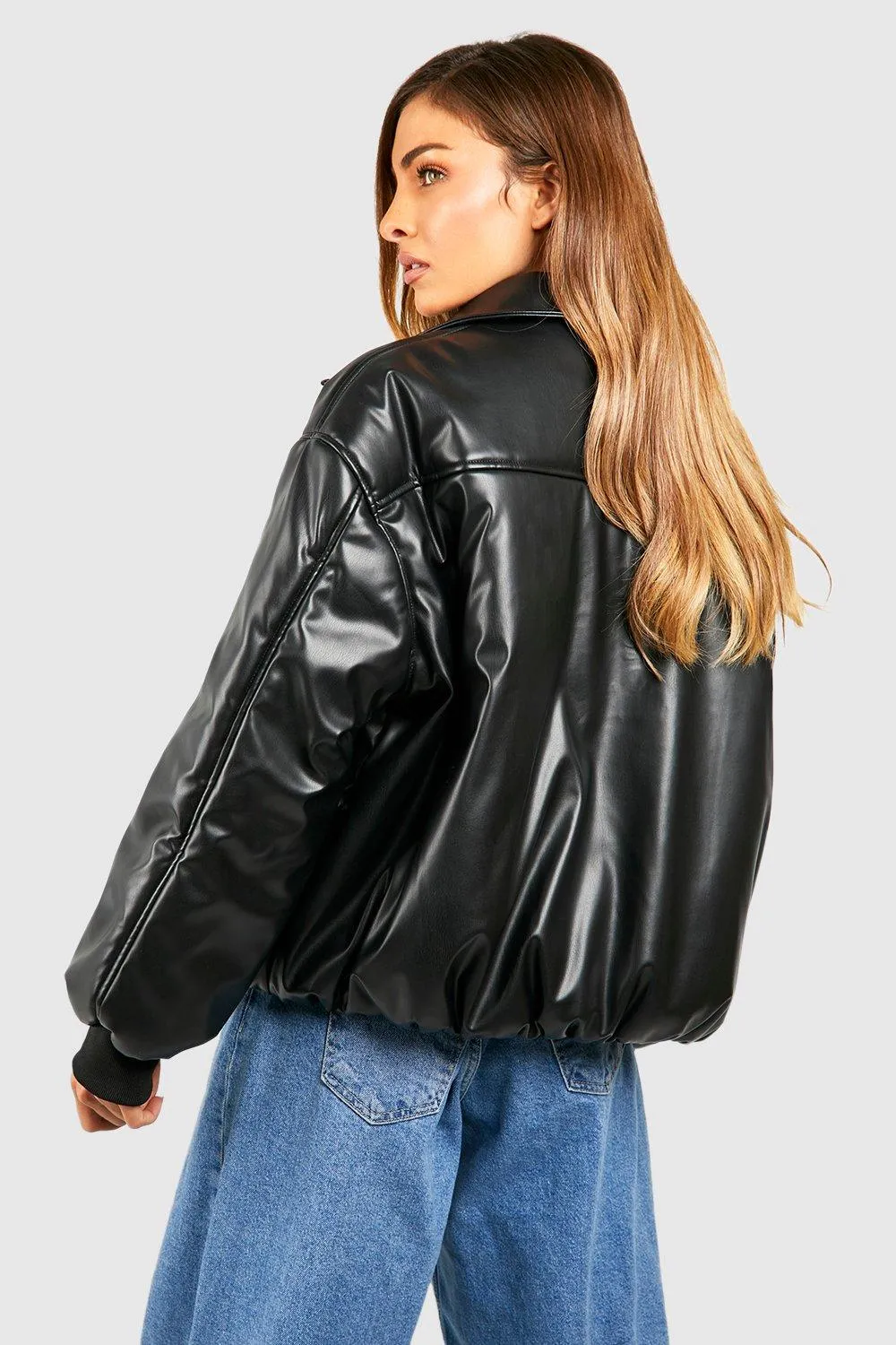 Padded Faux Leather Bomber Jacket by boohoo