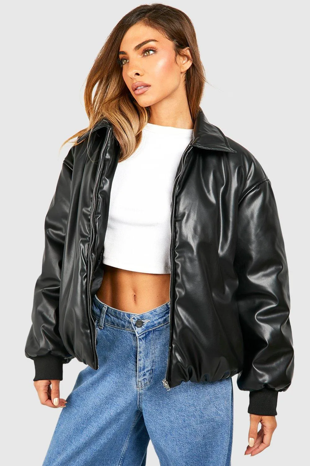 Padded Faux Leather Bomber Jacket by boohoo