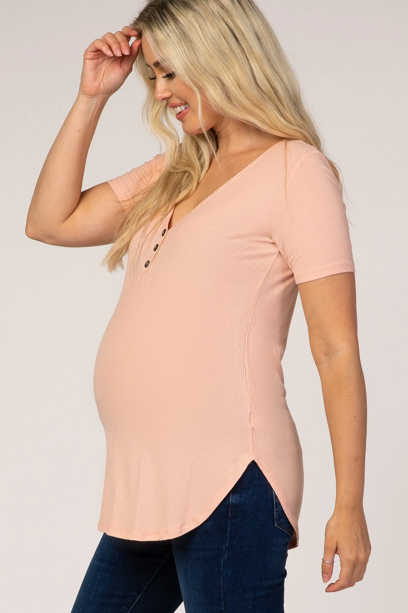 Ribbed Short Sleeve Maternity Top with Button Detail in Peach