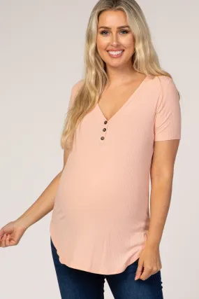 Ribbed Short Sleeve Maternity Top with Button Detail in Peach