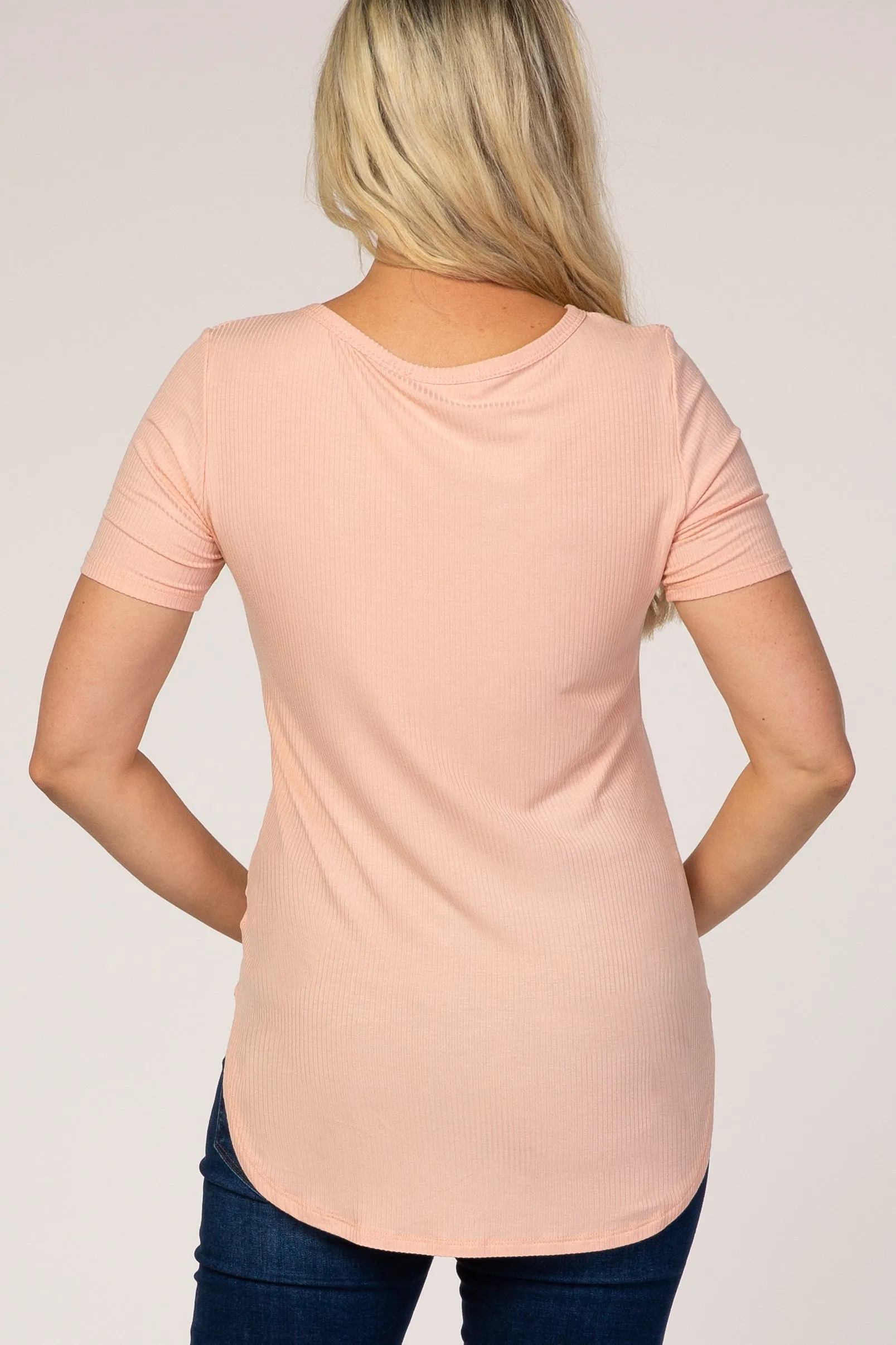 Ribbed Short Sleeve Maternity Top with Button Detail in Peach