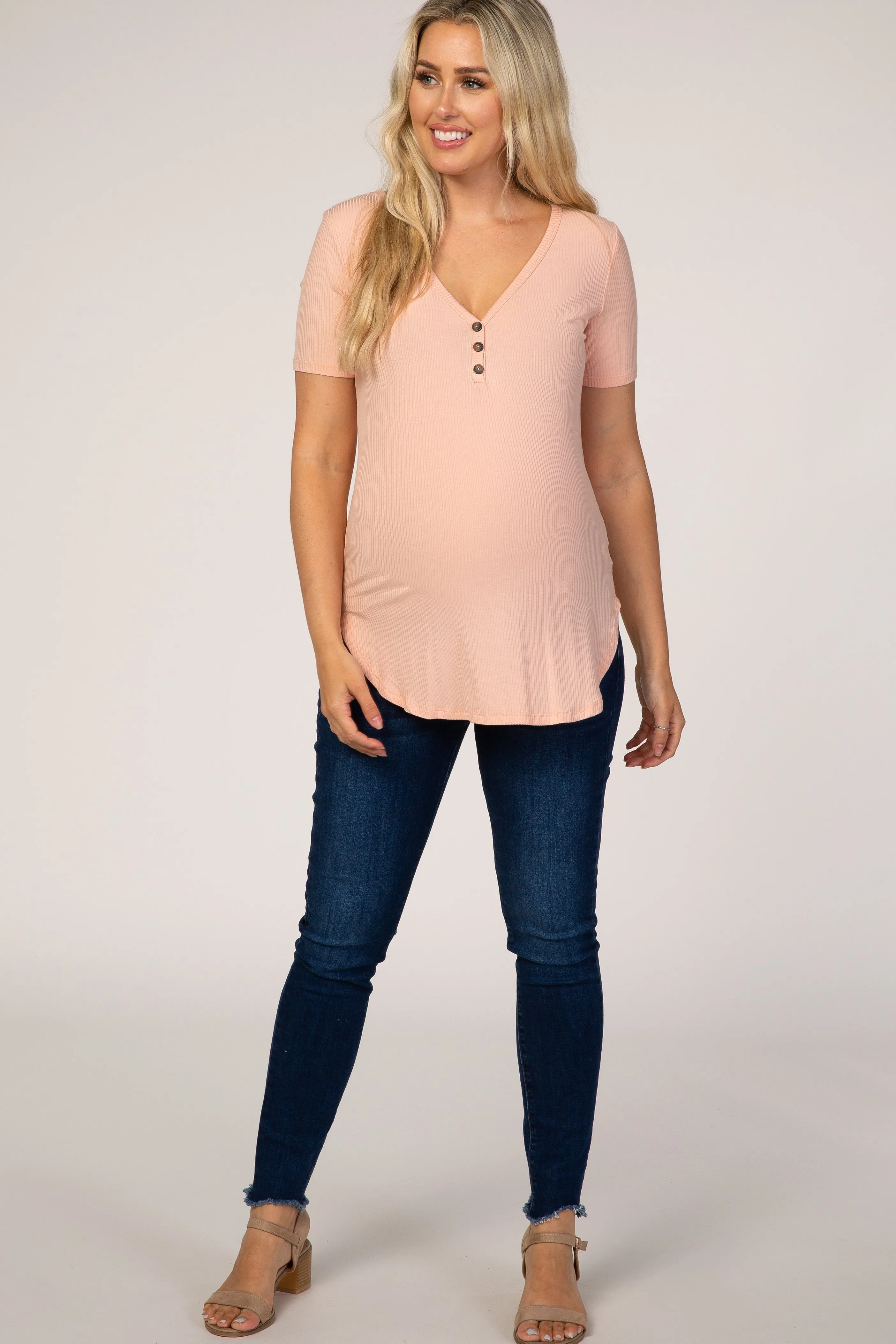 Ribbed Short Sleeve Maternity Top with Button Detail in Peach