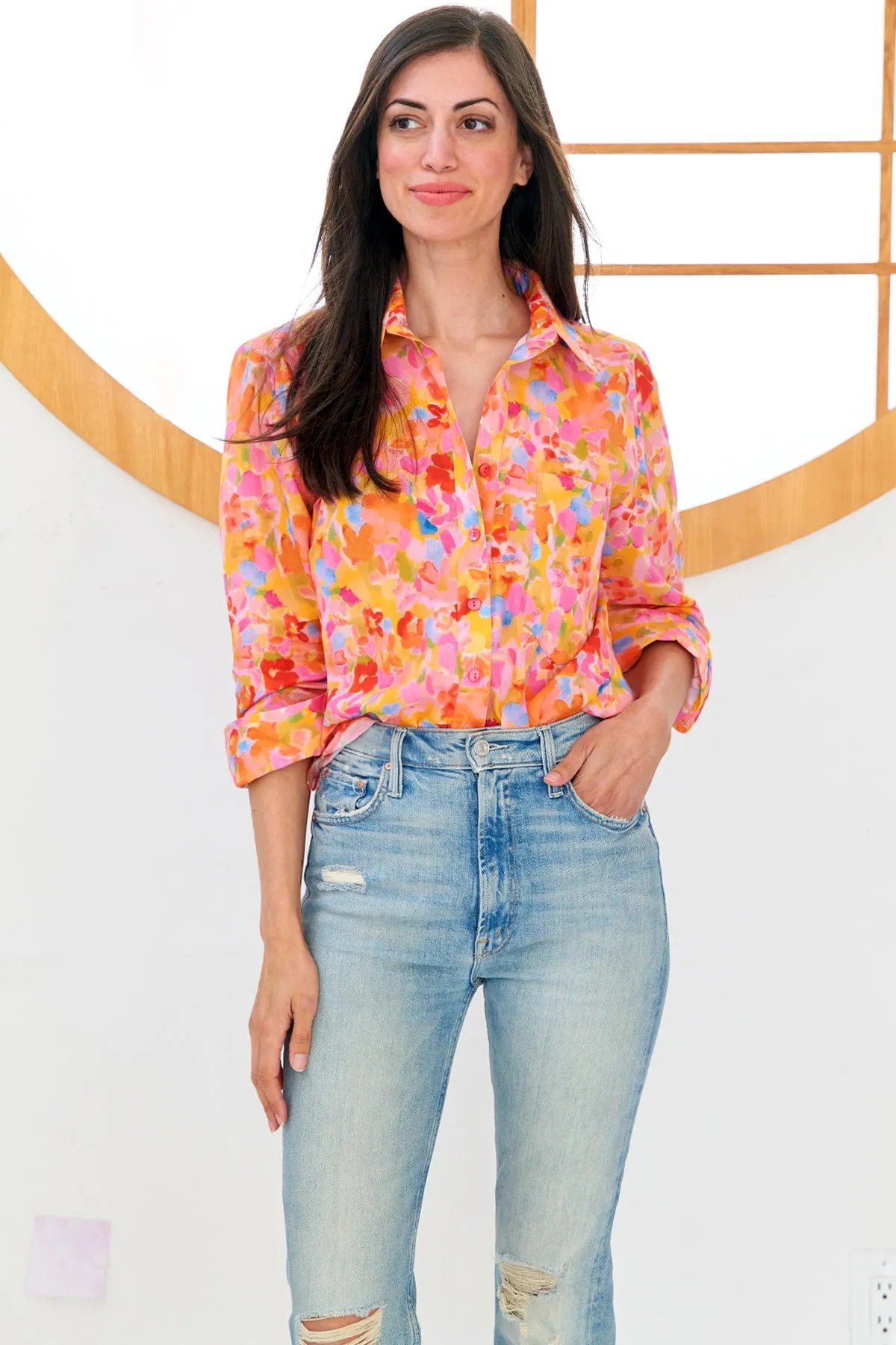 Andie Floral Print Shirt in Pink & Orange Capri