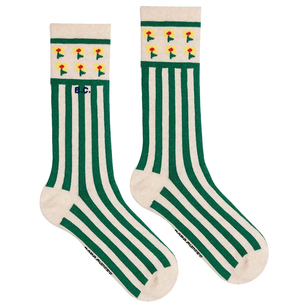 Pixel Flower Long Socks for Adults in Green