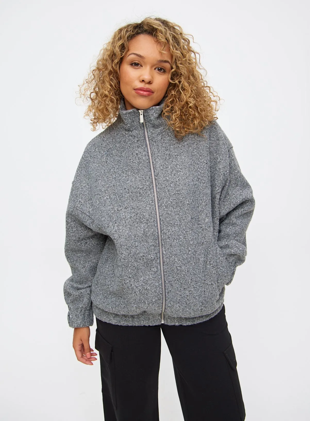 Get Grey Funnel Neck Boucle Bomber Jacket XL by Tu