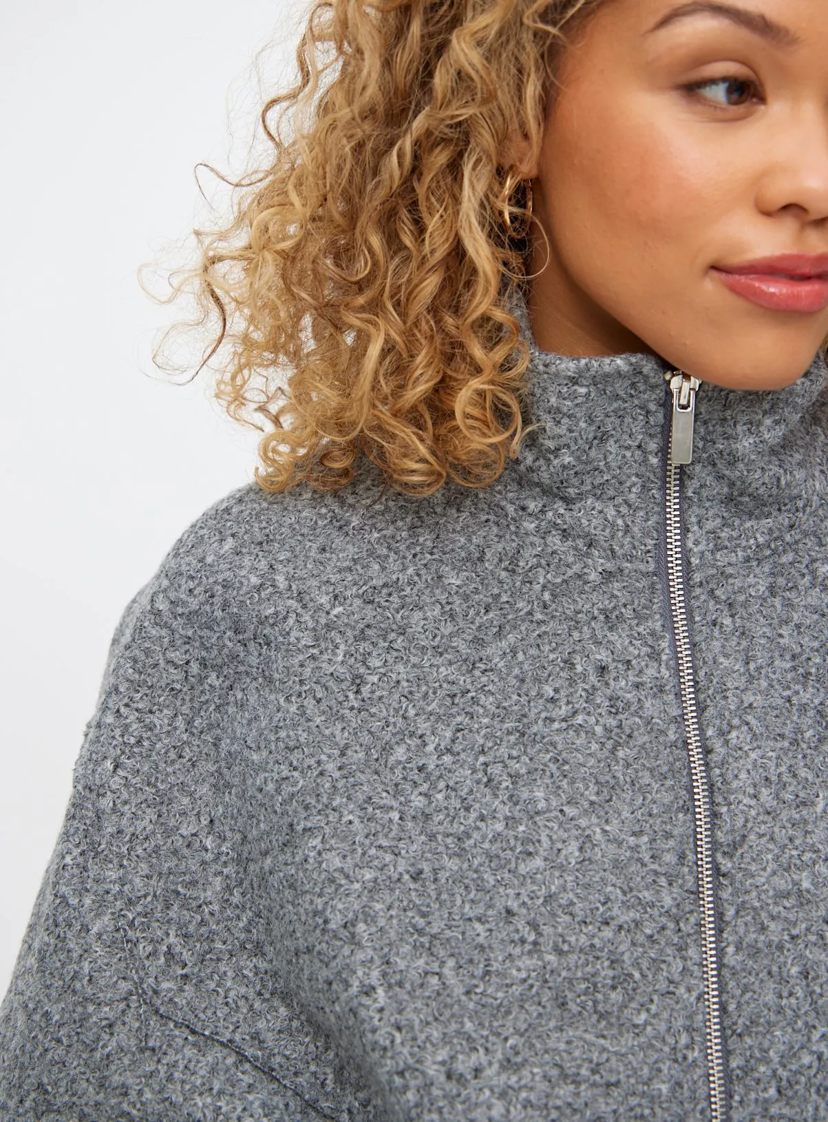 Get Grey Funnel Neck Boucle Bomber Jacket XL by Tu