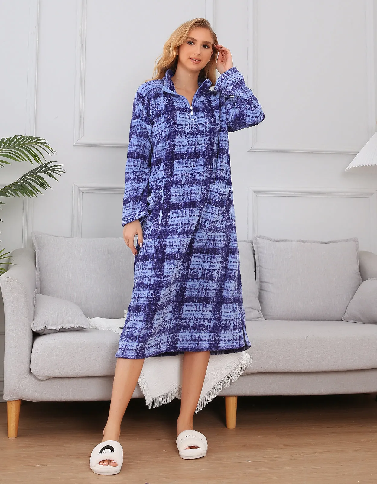 Printed Robe Long Housecoat Pocket Nightgown S-3XL