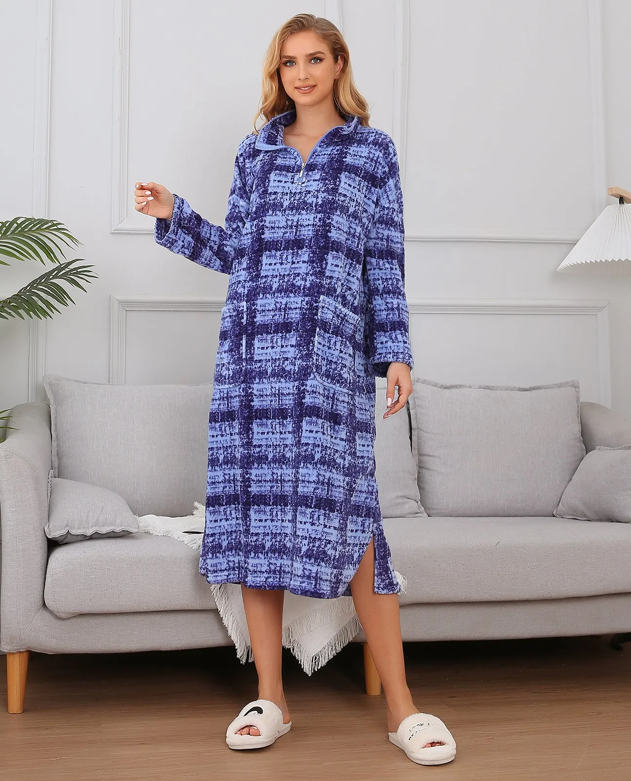 Printed Robe Long Housecoat Pocket Nightgown S-3XL