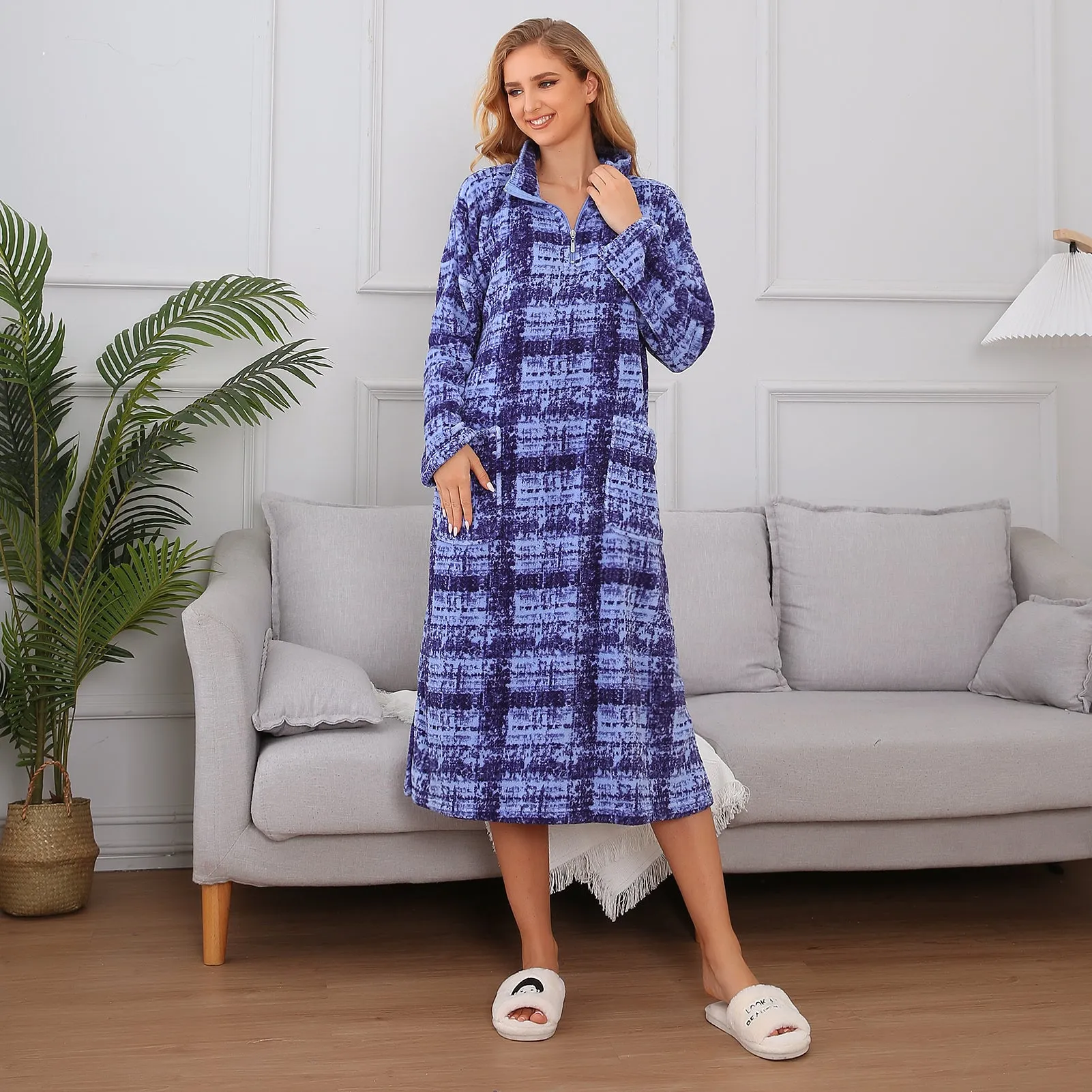 Printed Robe Long Housecoat Pocket Nightgown S-3XL