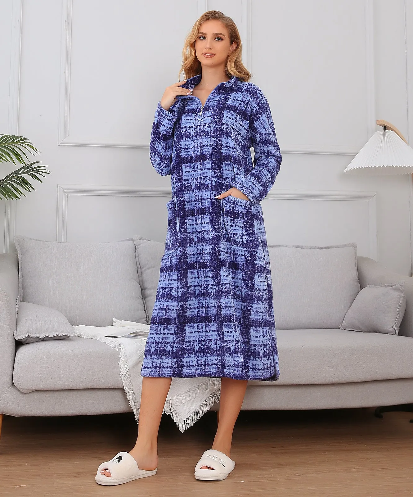 Printed Robe Long Housecoat Pocket Nightgown S-3XL