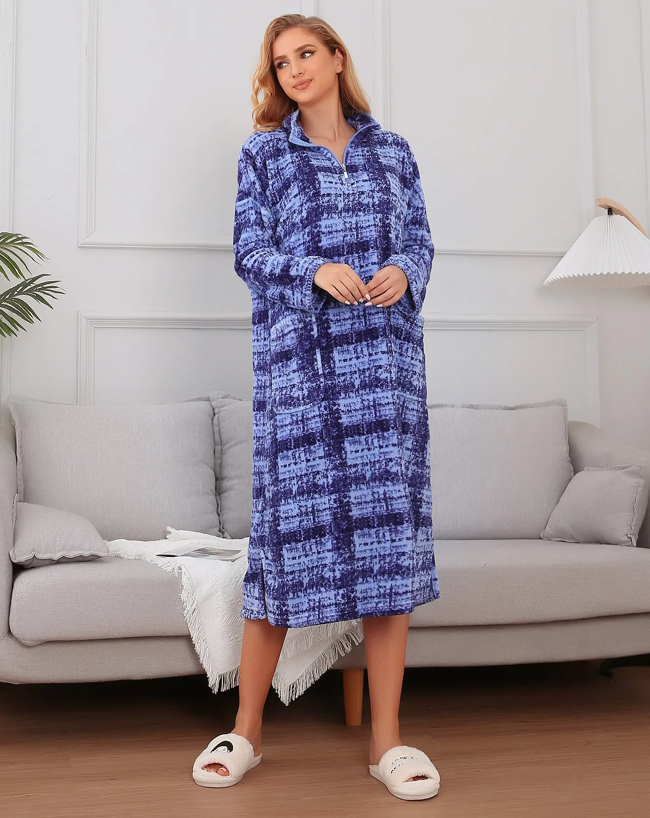 Printed Robe Long Housecoat Pocket Nightgown S-3XL