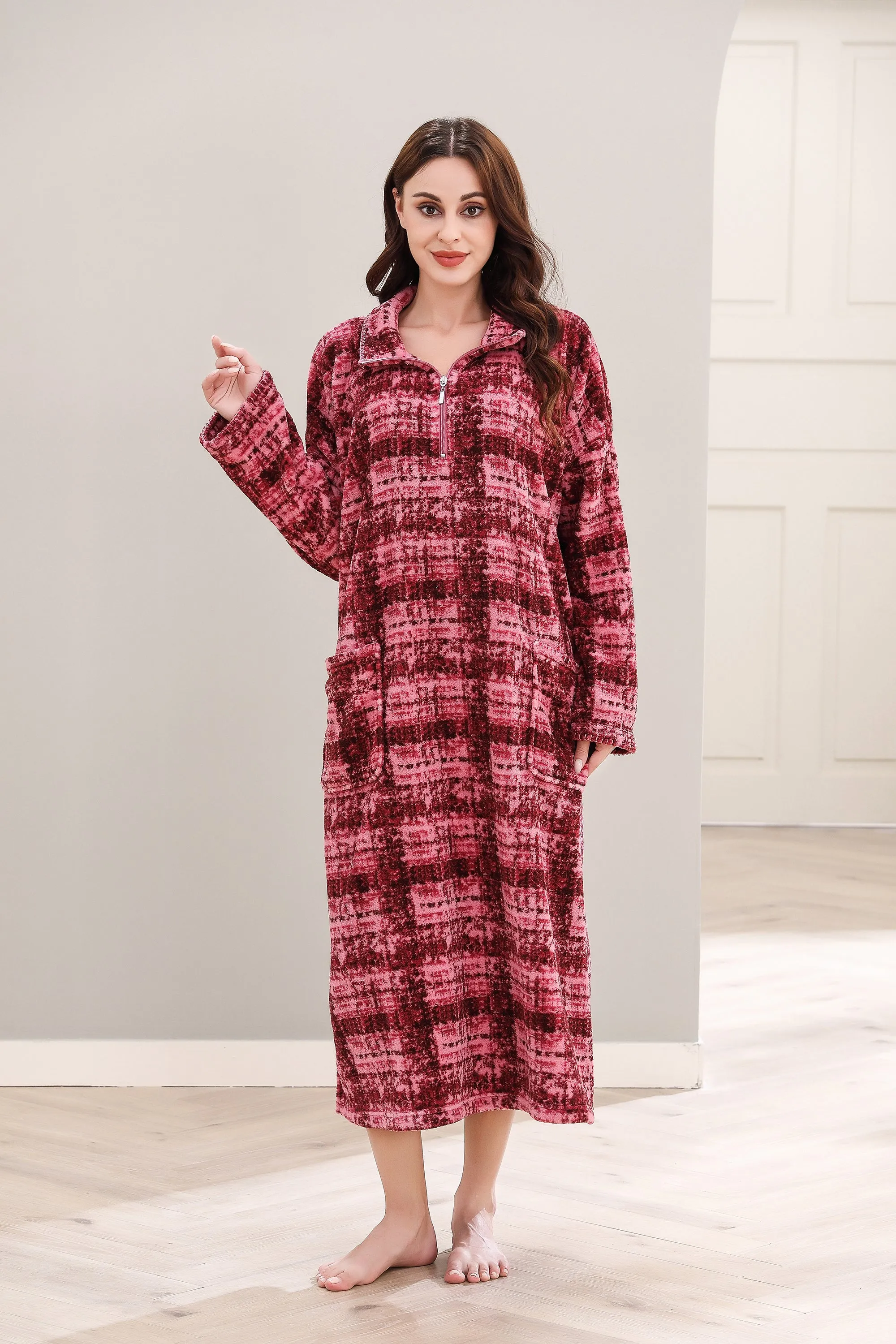 Printed Robe Long Housecoat Pocket Nightgown S-3XL