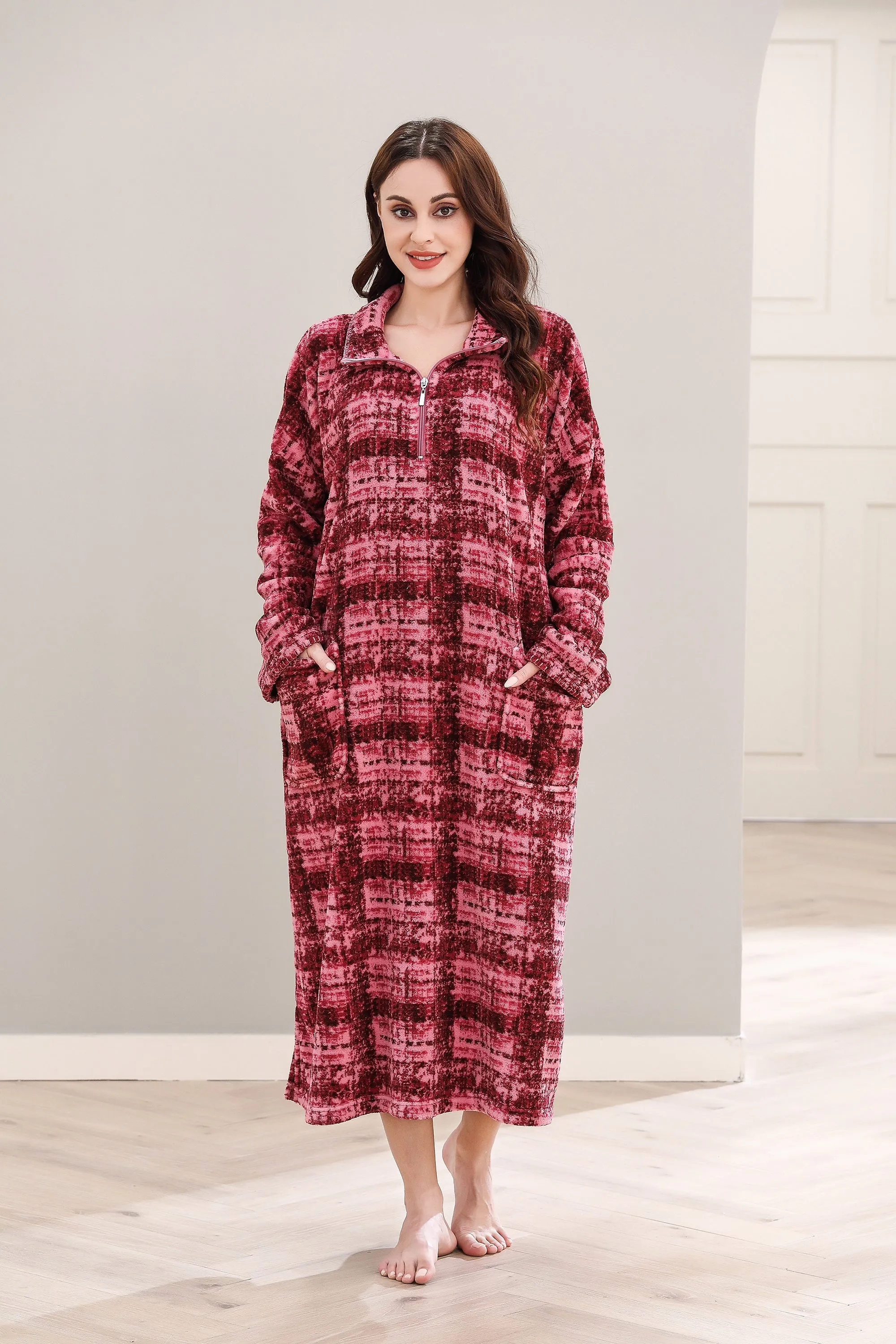 Printed Robe Long Housecoat Pocket Nightgown S-3XL