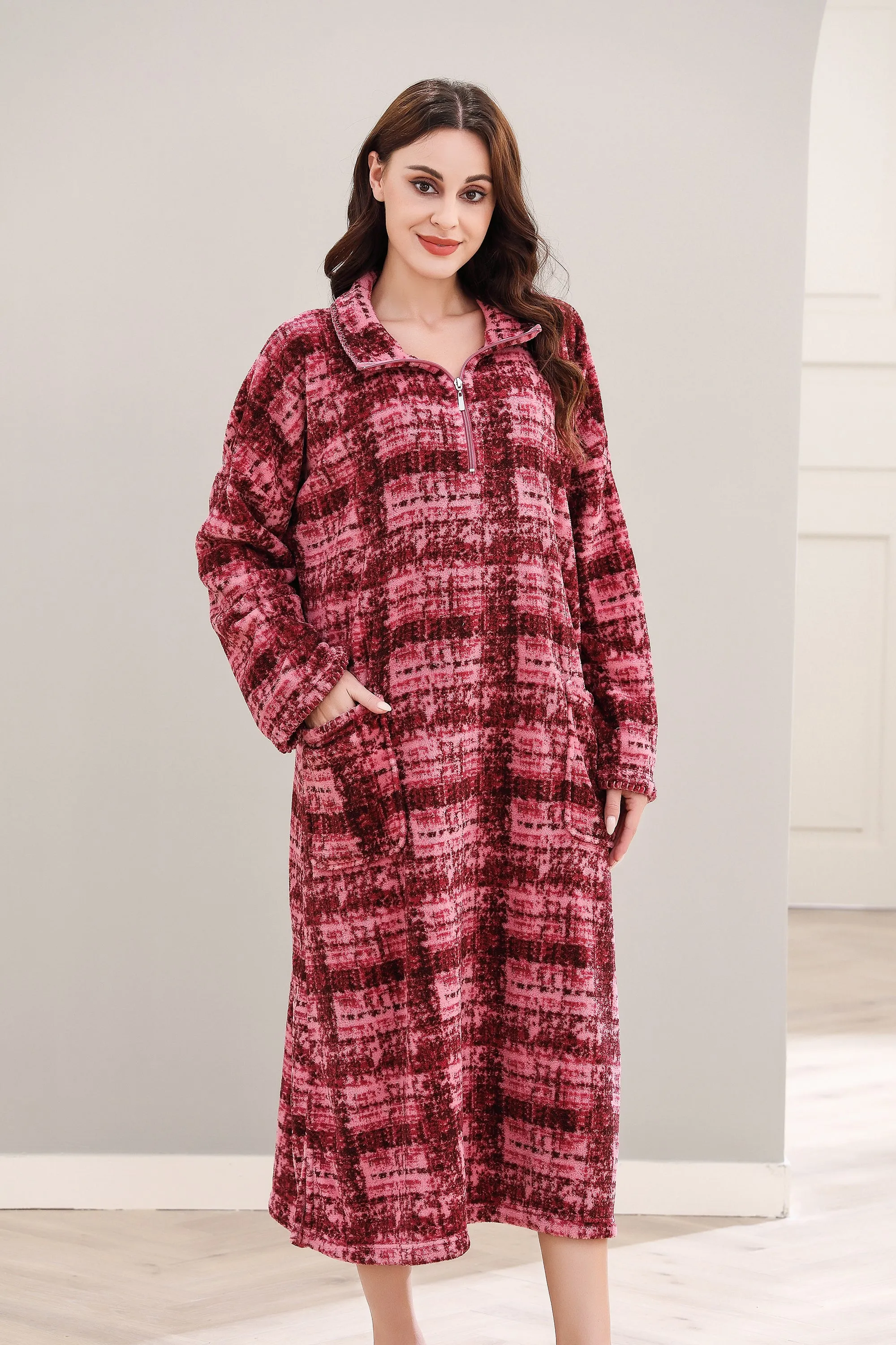 Printed Robe Long Housecoat Pocket Nightgown S-3XL