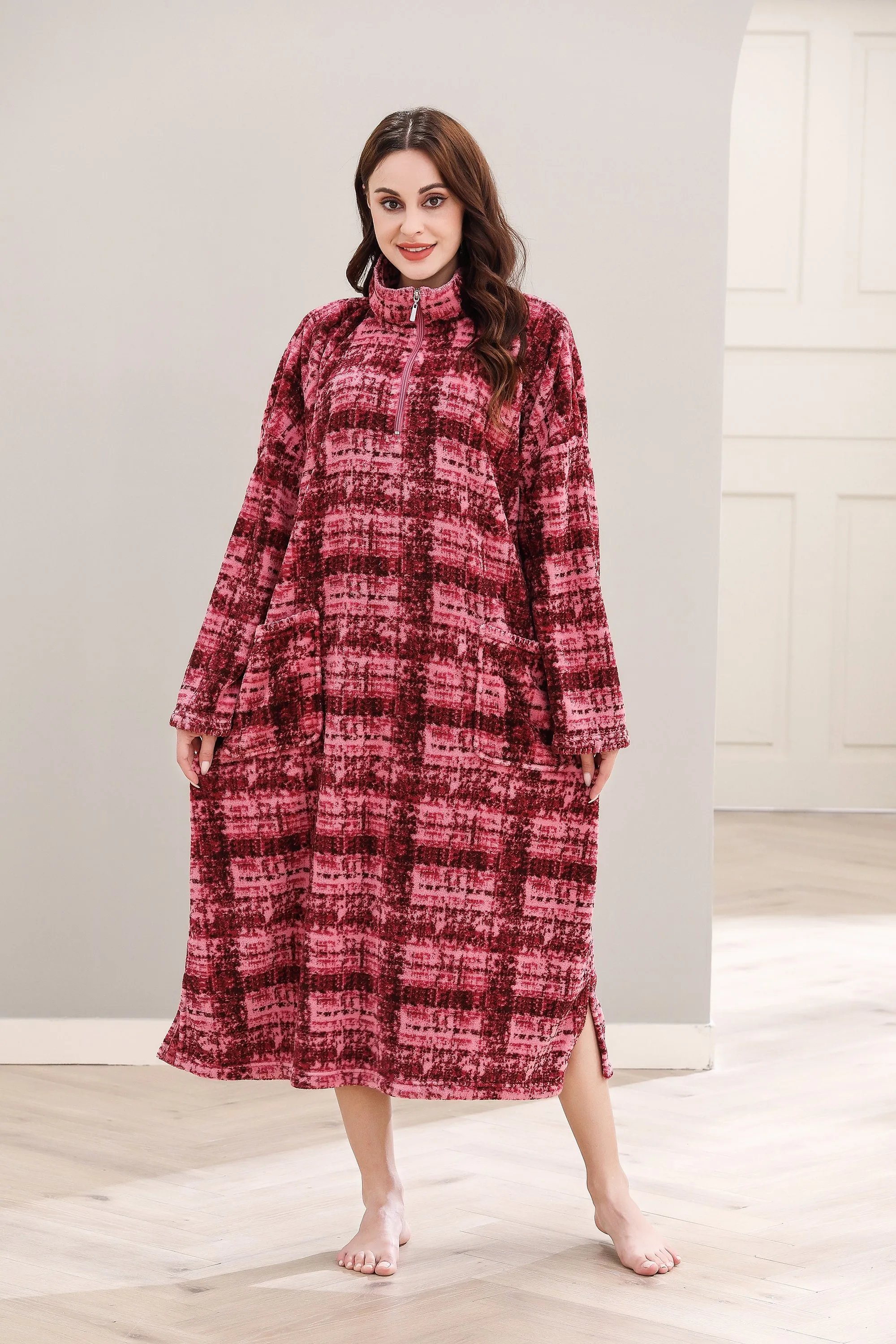 Printed Robe Long Housecoat Pocket Nightgown S-3XL