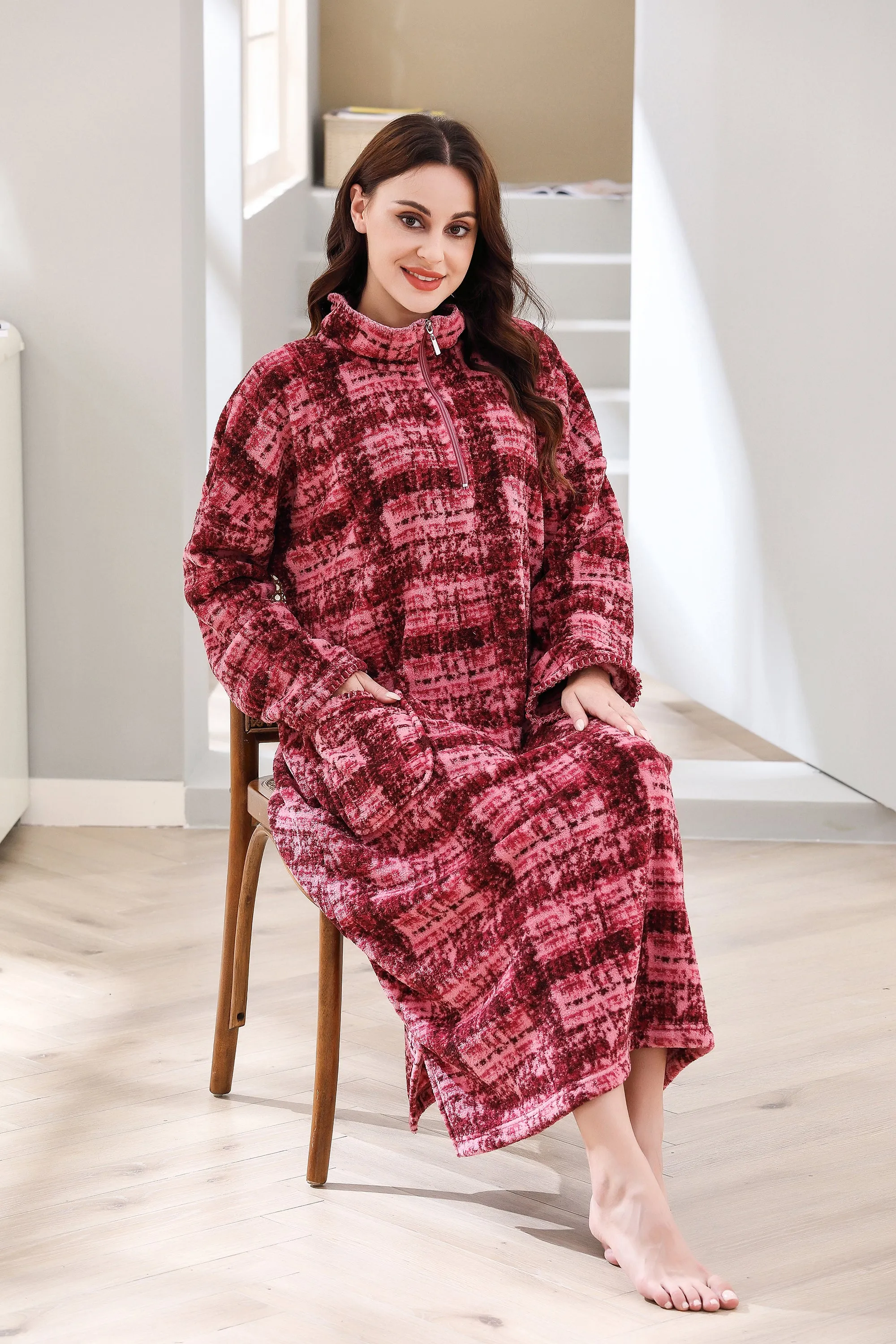 Printed Robe Long Housecoat Pocket Nightgown S-3XL