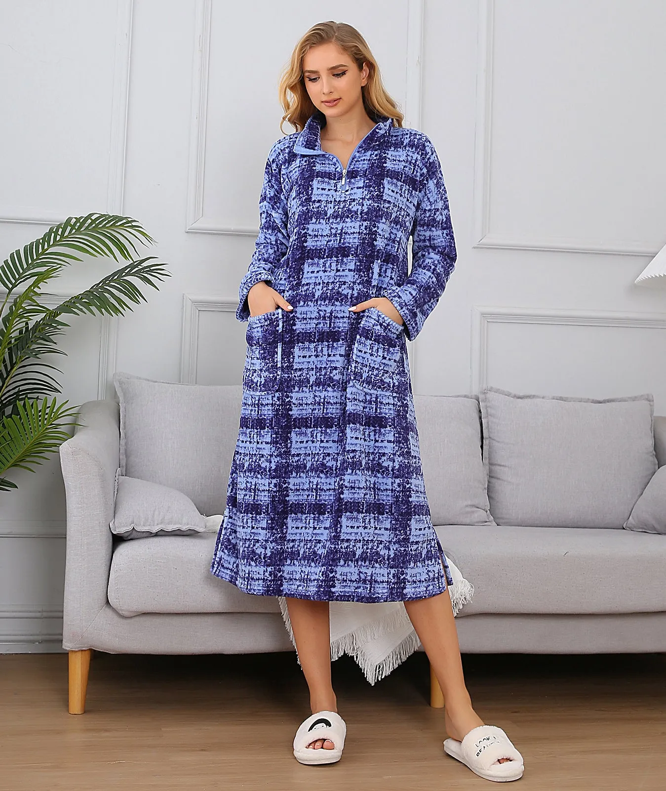 Printed Robe Long Housecoat Pocket Nightgown S-3XL