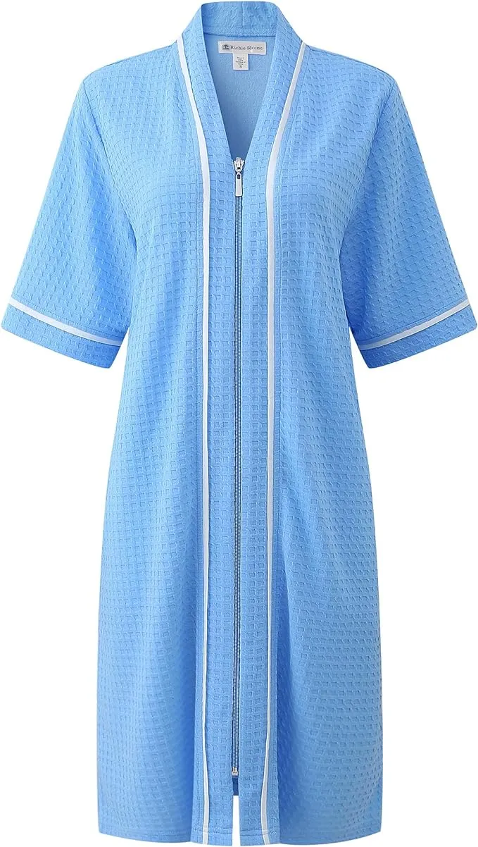 Richie House Women's Short Nightgown with Pockets, Button Front Duster Zip-Up Bathrobe, S-3XL RHW4093