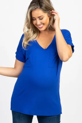 V-Neck Maternity Top with Pocket Accent in Royal Blue