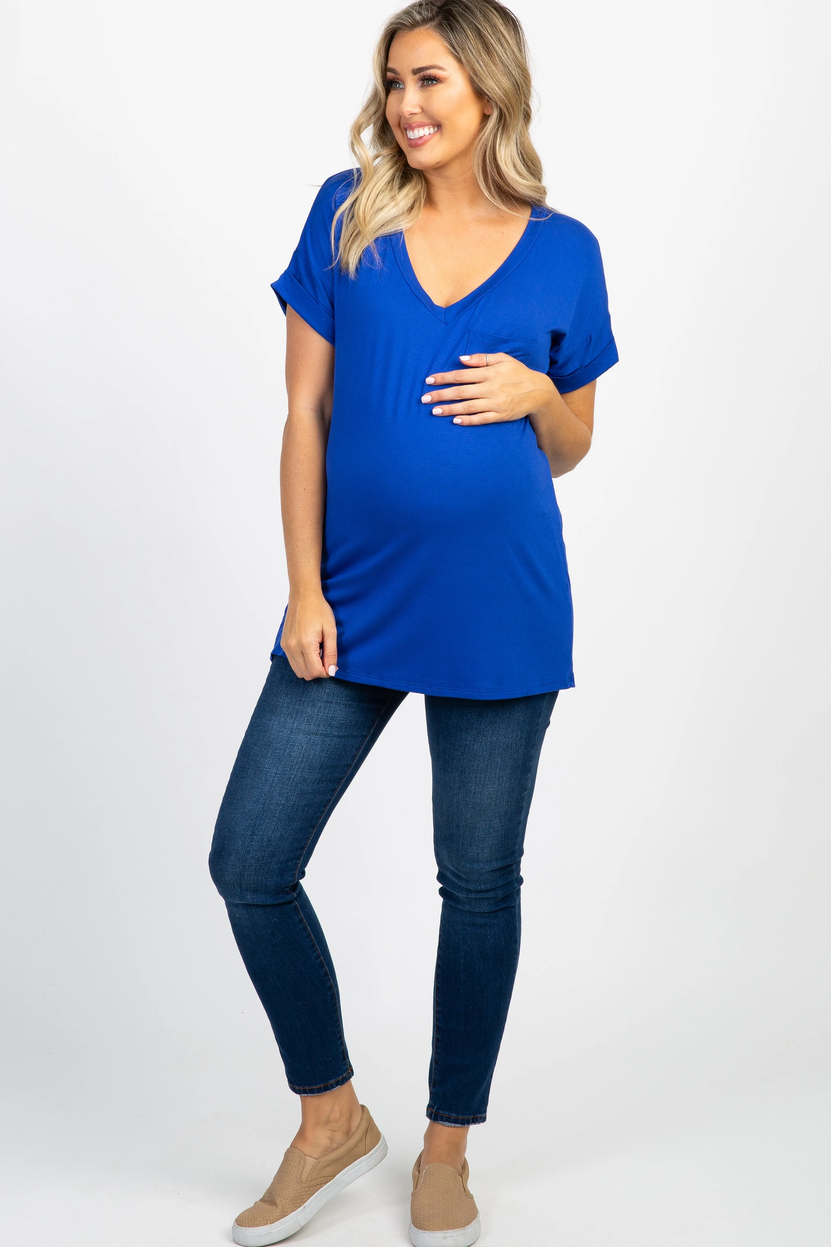 V-Neck Maternity Top with Pocket Accent in Royal Blue