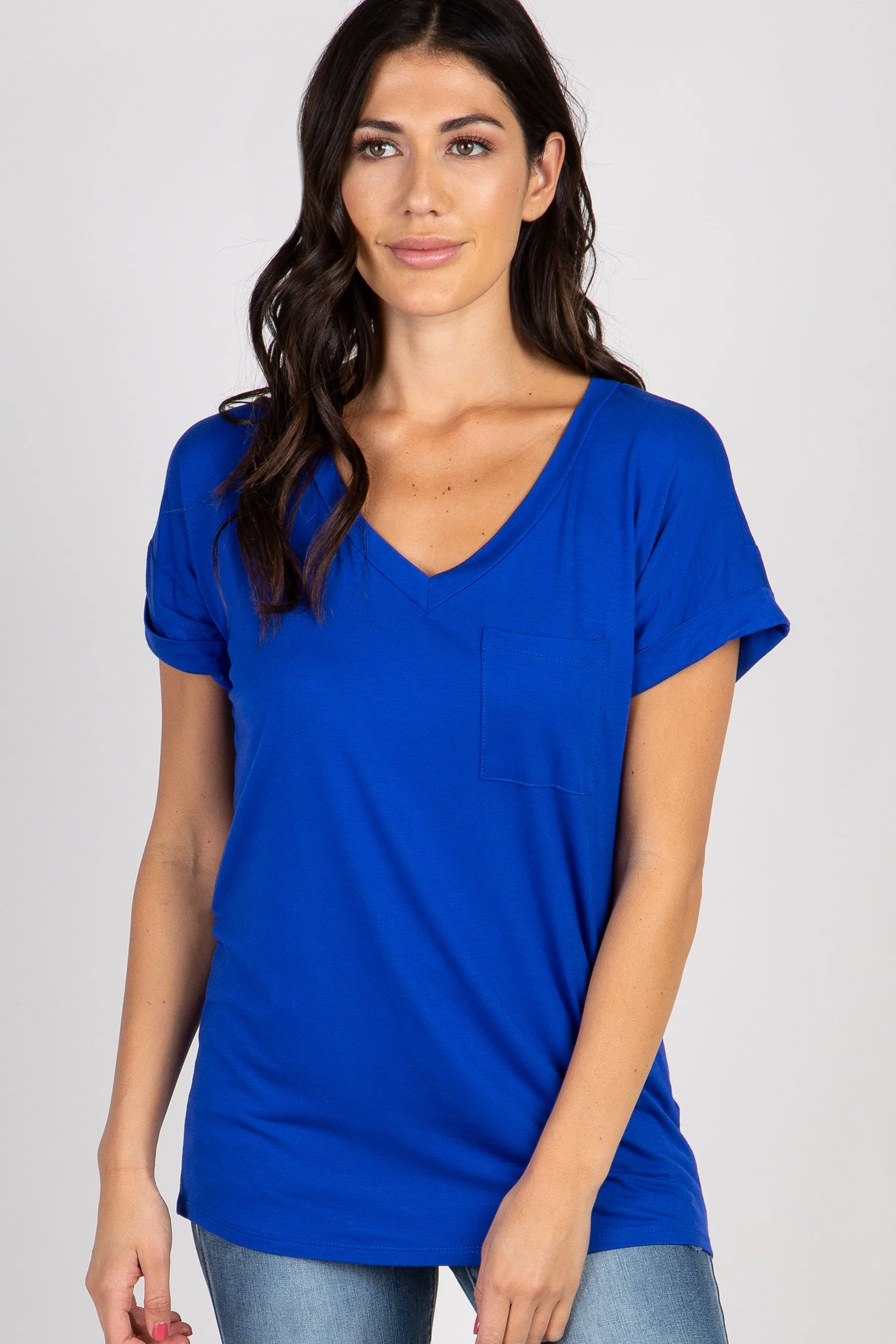 V-Neck Maternity Top with Pocket Accent in Royal Blue