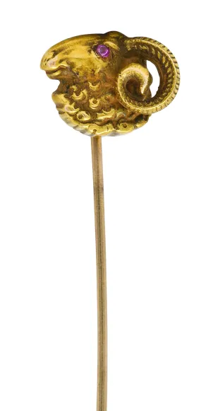 Riker Brothers Aries Zodiac Ruby 14 Karat Gold Ram Stickpin