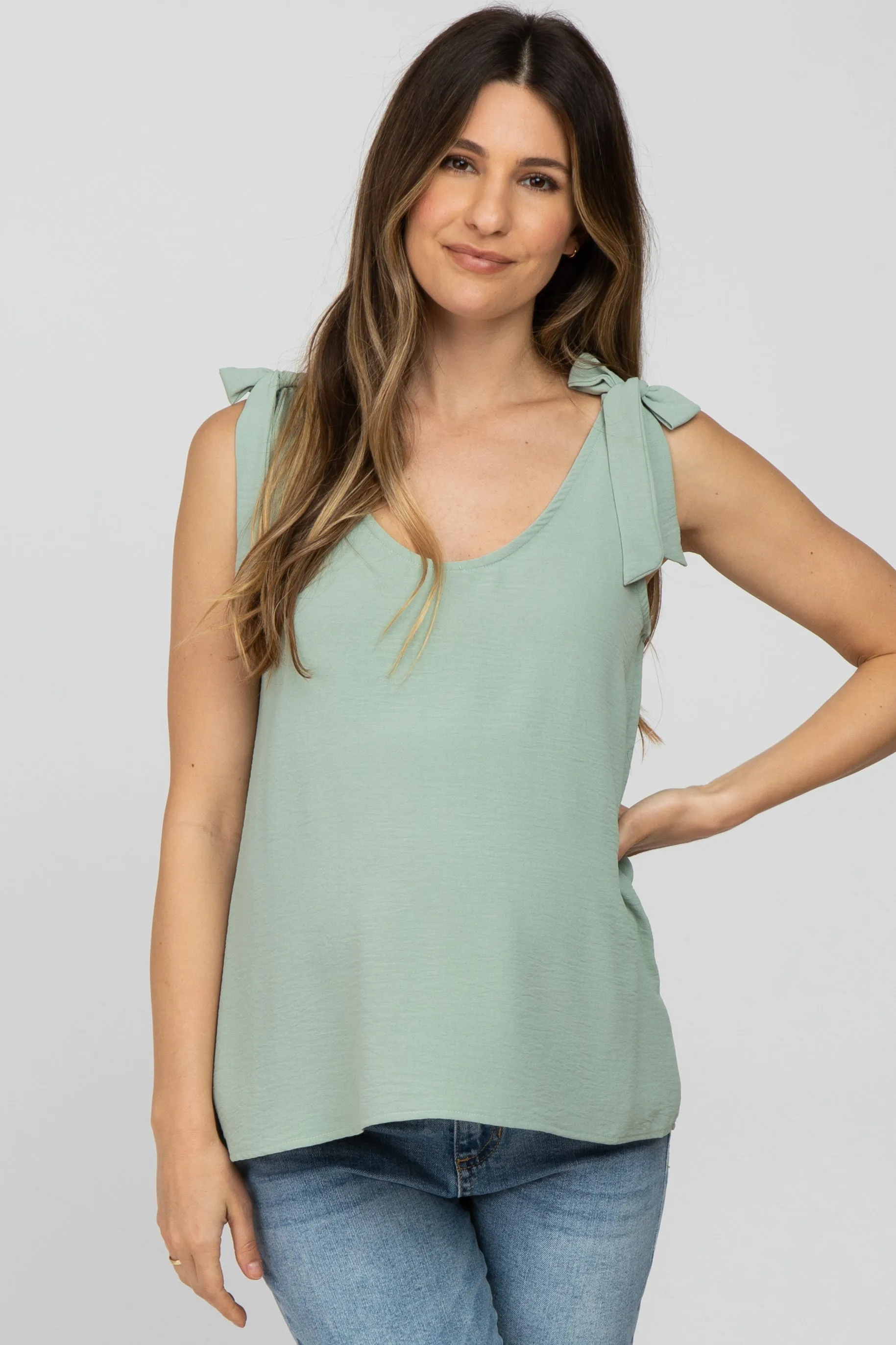 Sage Bow Shoulder Sleeveless Maternity Blouse