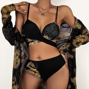 Sexy 3-Piece Snake Swimwear with High Waist Push Up Bikini Set and Cover Up