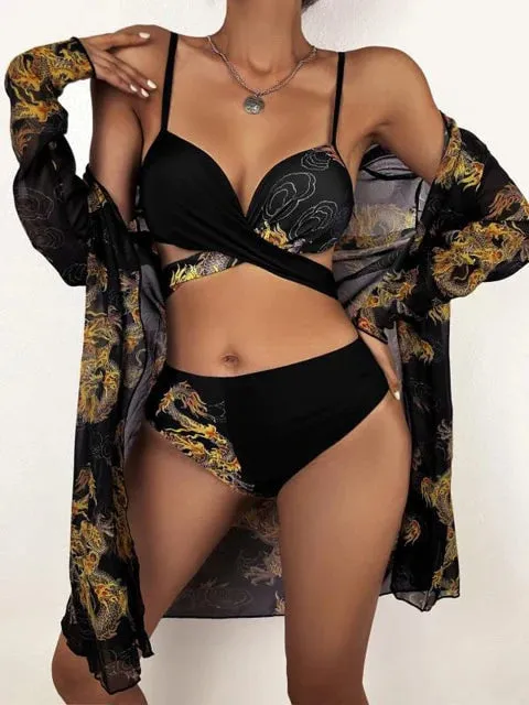 Sexy 3-Piece Snake Swimwear with High Waist Push Up Bikini Set and Cover Up