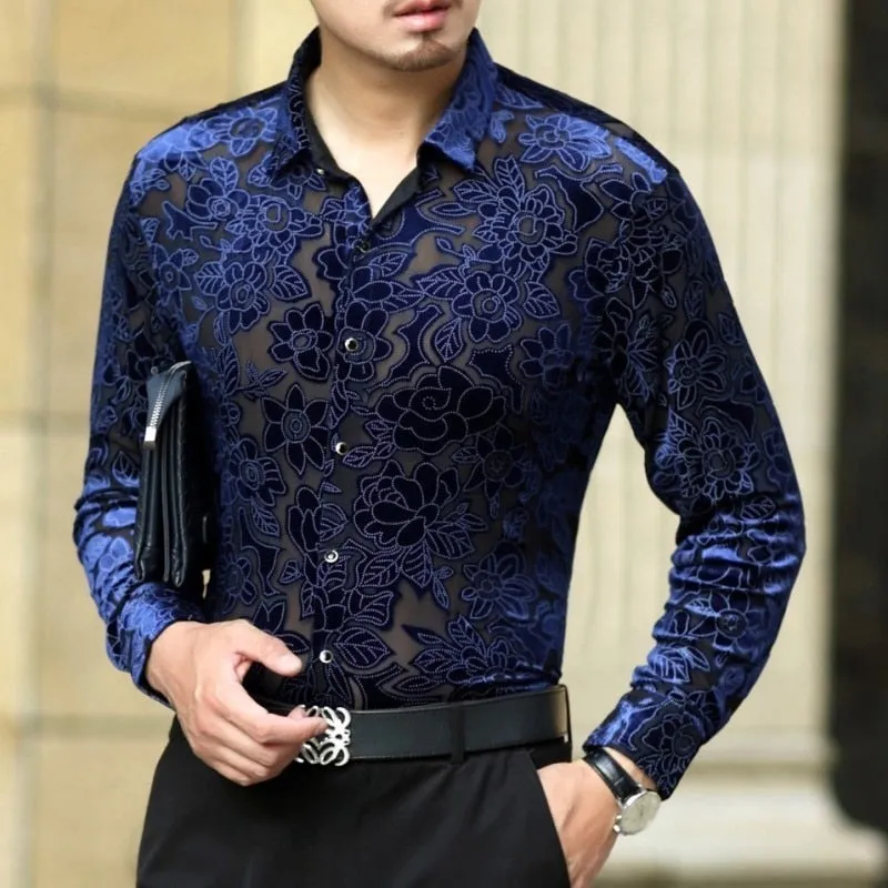 Men's Sheer Floral Print Sexy Long Sleeve Shirt