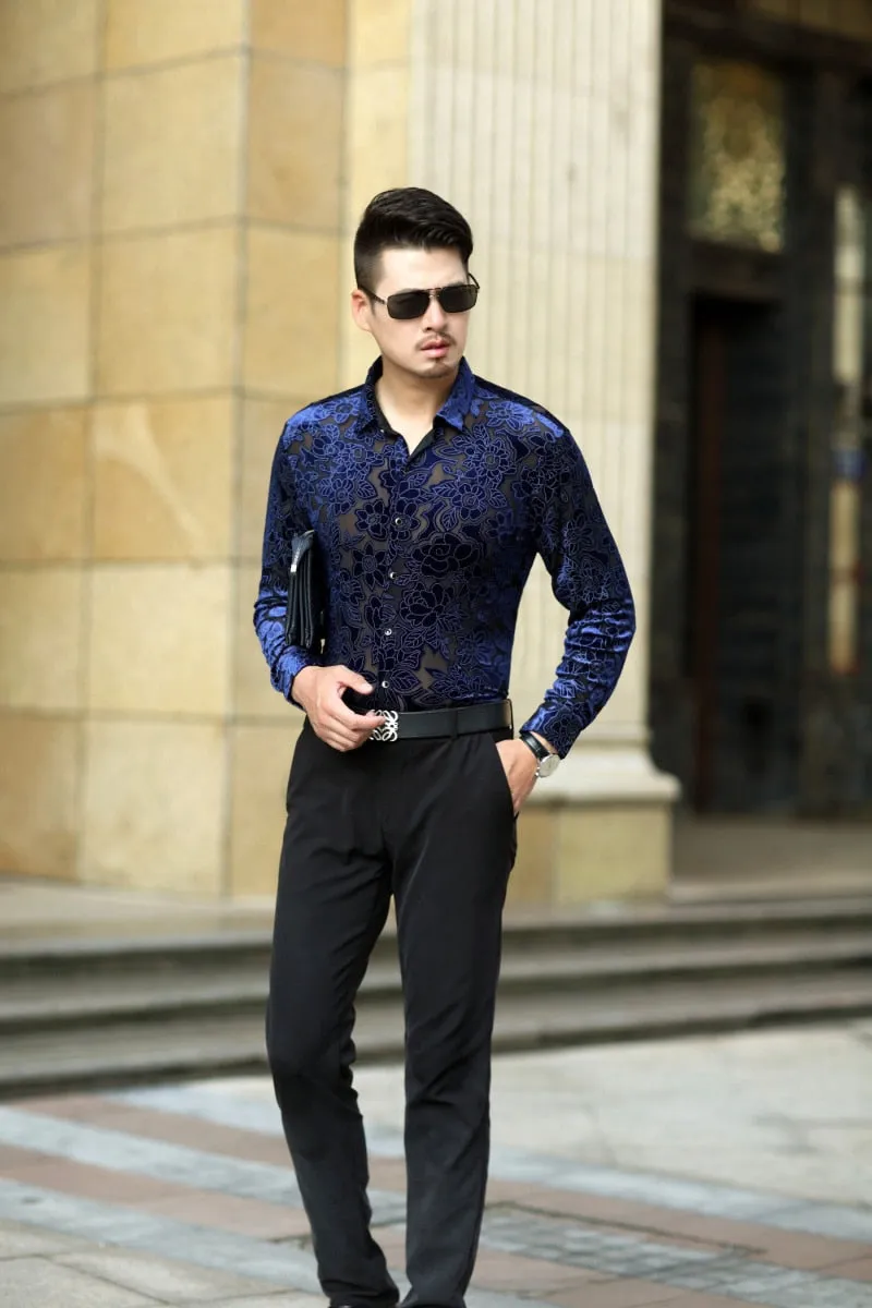 Men's Sheer Floral Print Sexy Long Sleeve Shirt