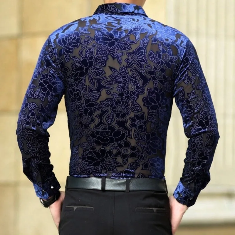 Men's Sheer Floral Print Sexy Long Sleeve Shirt