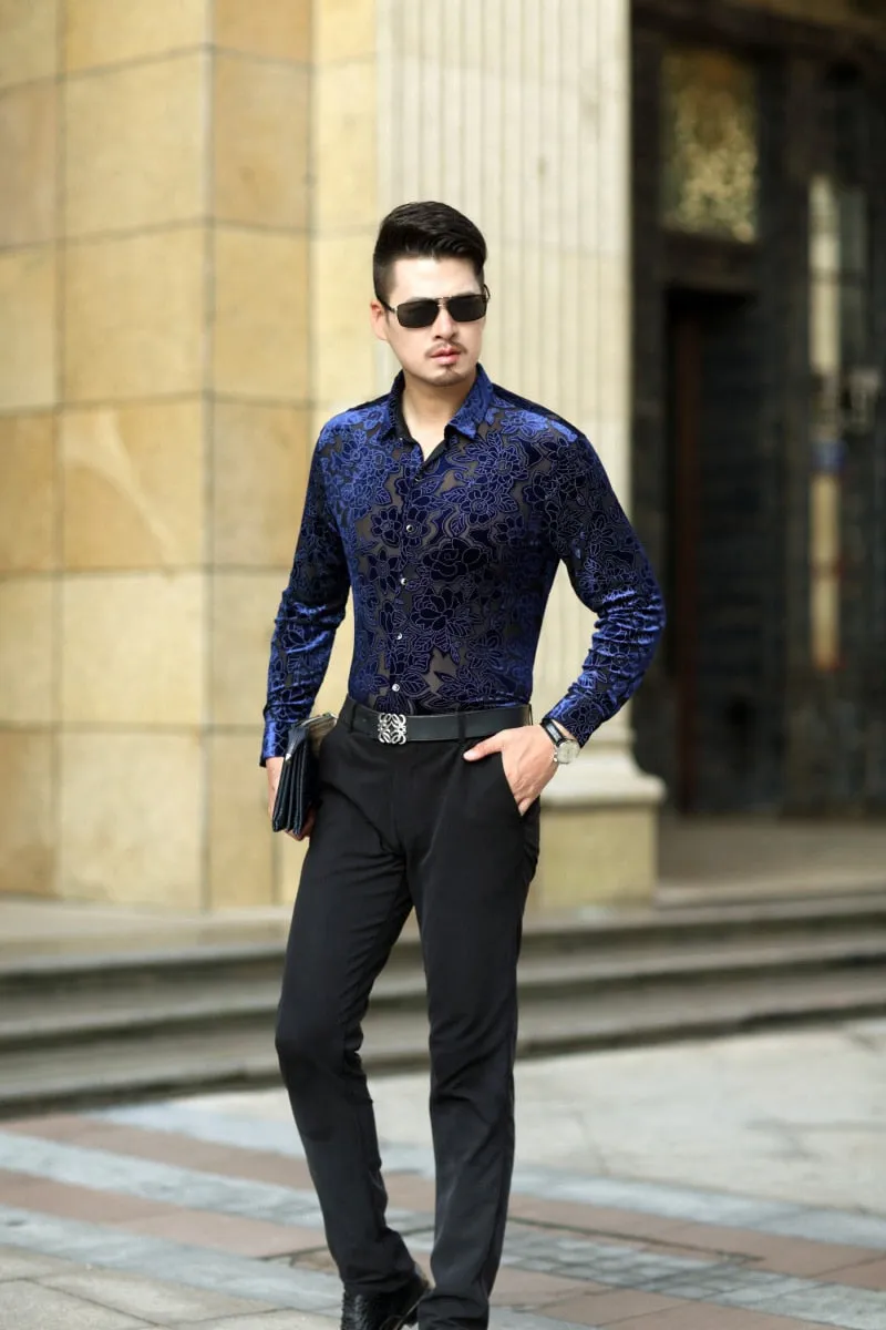 Men's Sheer Floral Print Sexy Long Sleeve Shirt