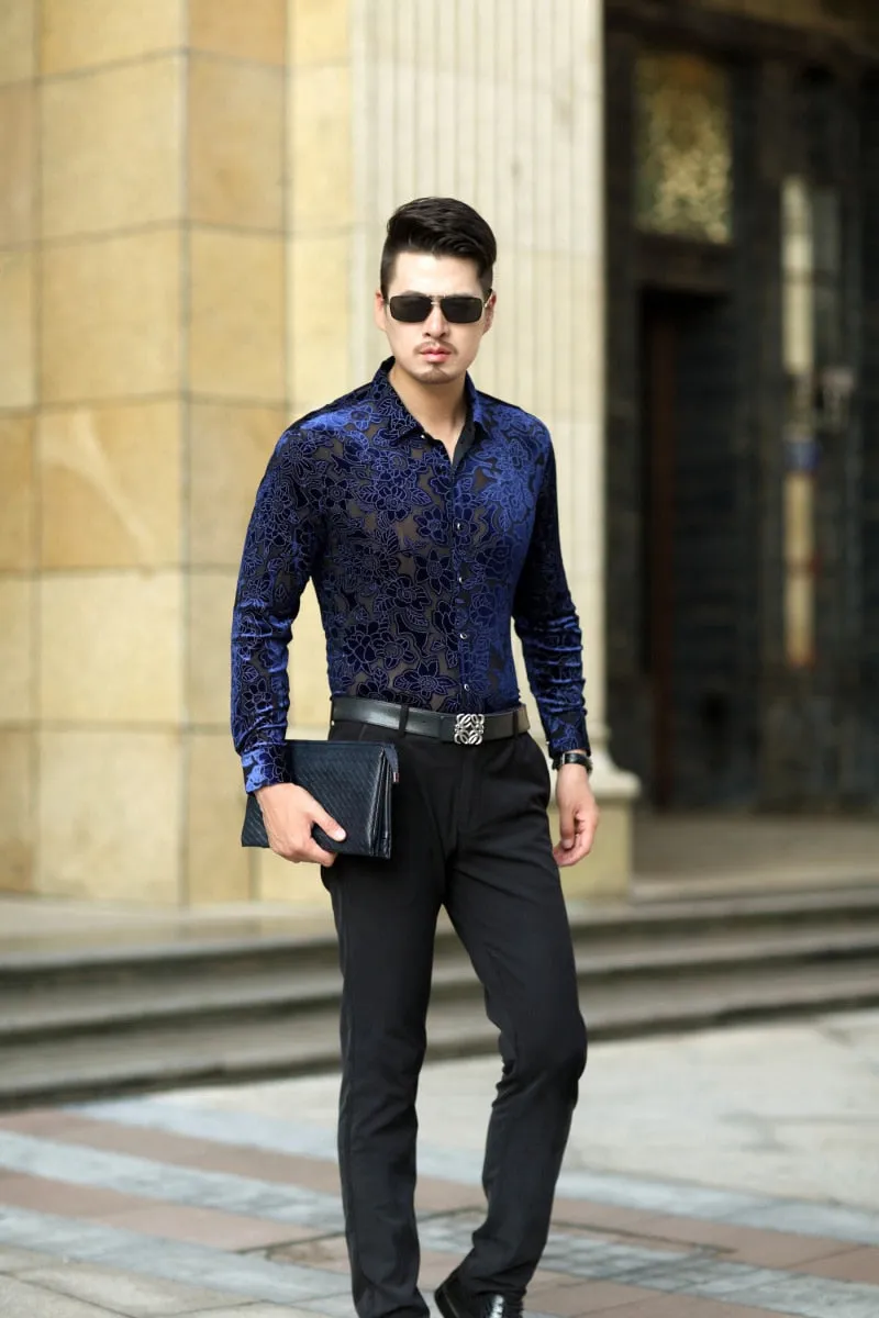 Men's Sheer Floral Print Sexy Long Sleeve Shirt