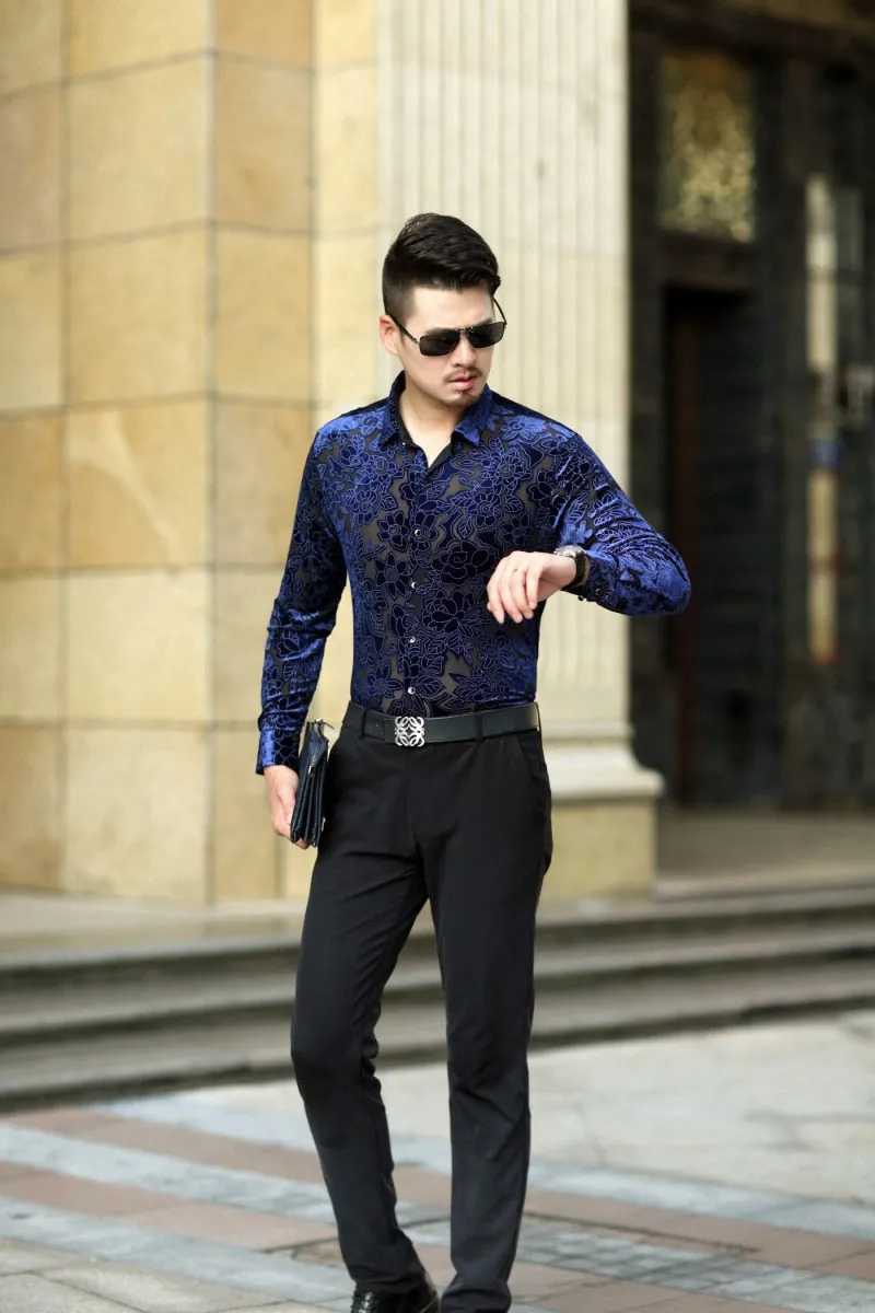 Men's Sheer Floral Print Sexy Long Sleeve Shirt