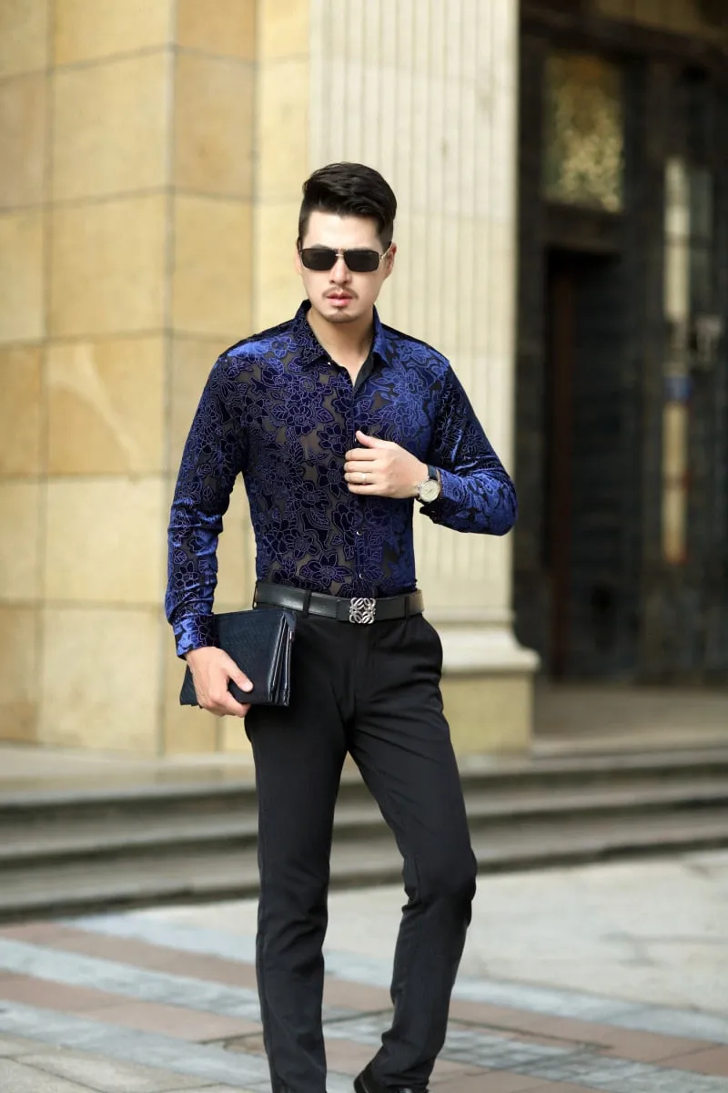 Men's Sheer Floral Print Sexy Long Sleeve Shirt