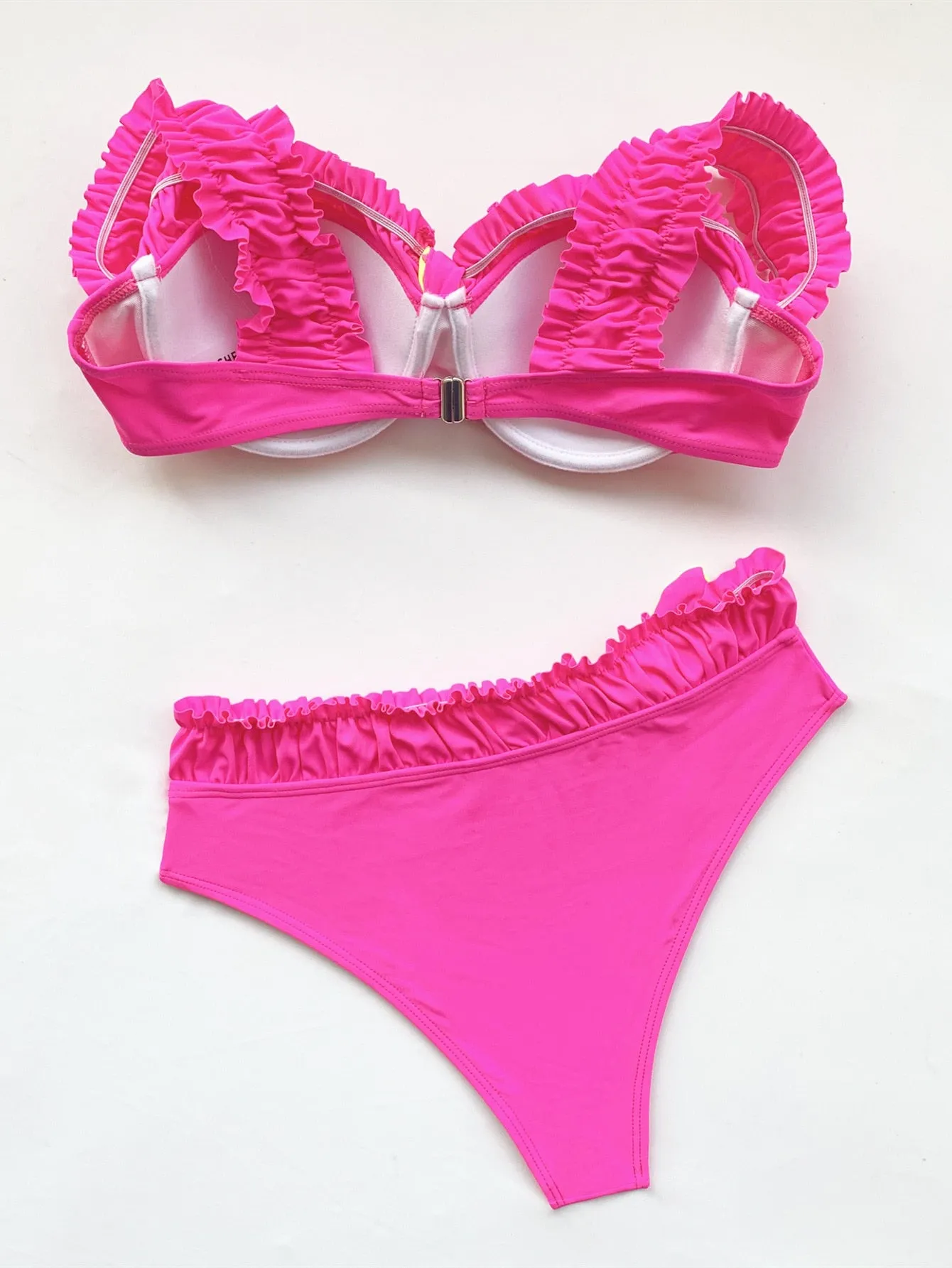 Sexy High Waist Polyester Ruffled Bikini Set: Women's Solid Color Swimwear