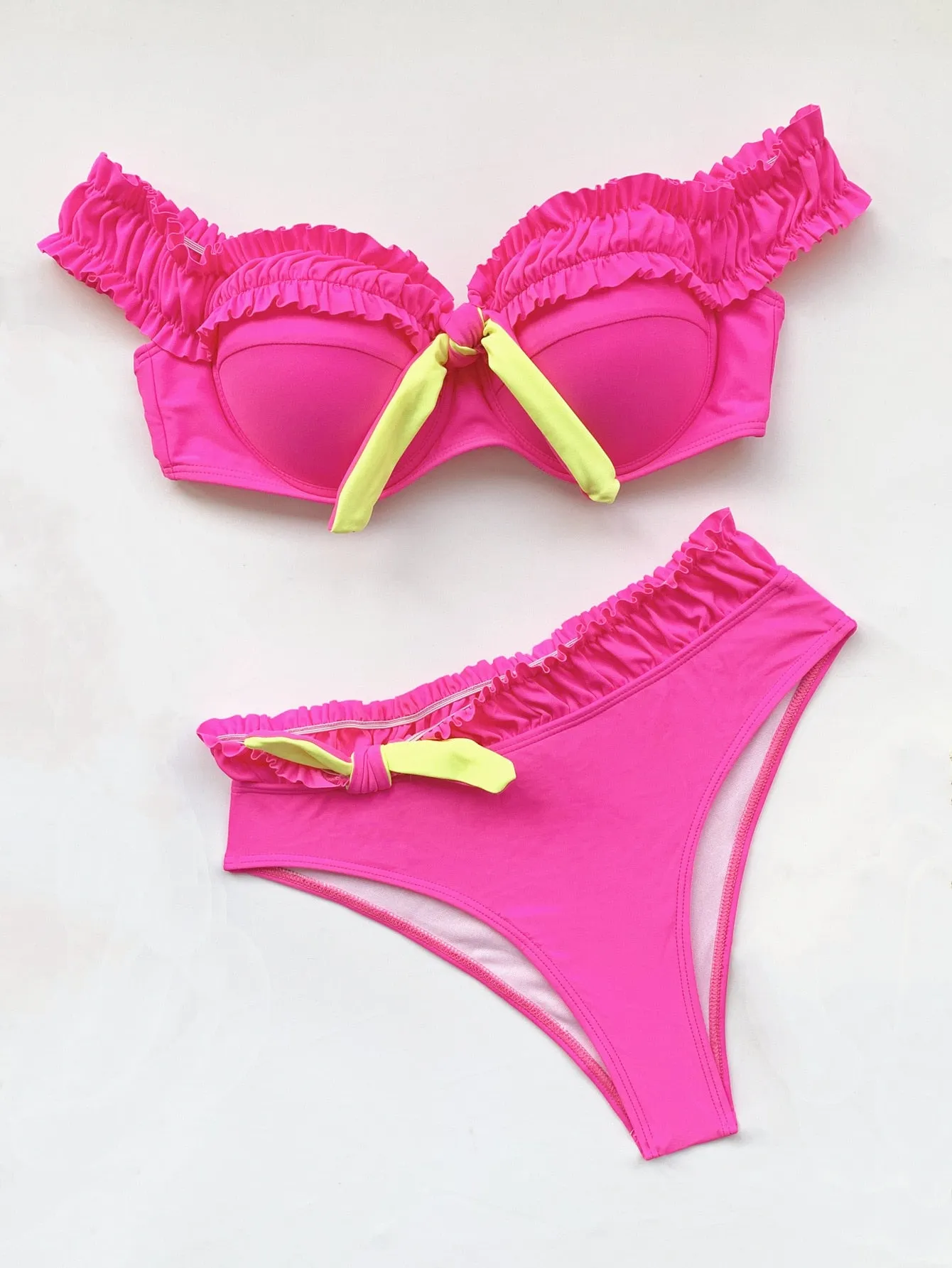 Sexy High Waist Polyester Ruffled Bikini Set: Women's Solid Color Swimwear