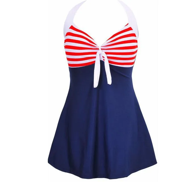 Sexy Plus Size Striped Halter Skirt One Piece Swimwear for Women