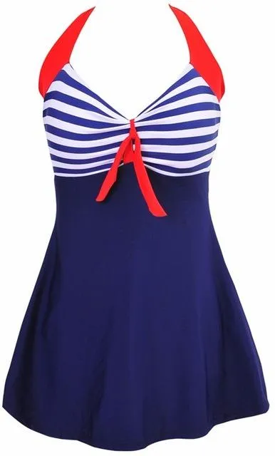 Sexy Plus Size Striped Halter Skirt One Piece Swimwear for Women