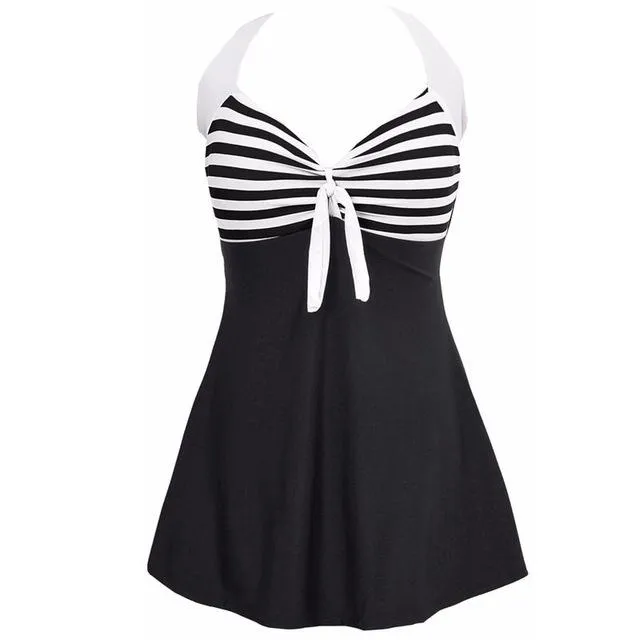 Sexy Plus Size Striped Halter Skirt One Piece Swimwear for Women