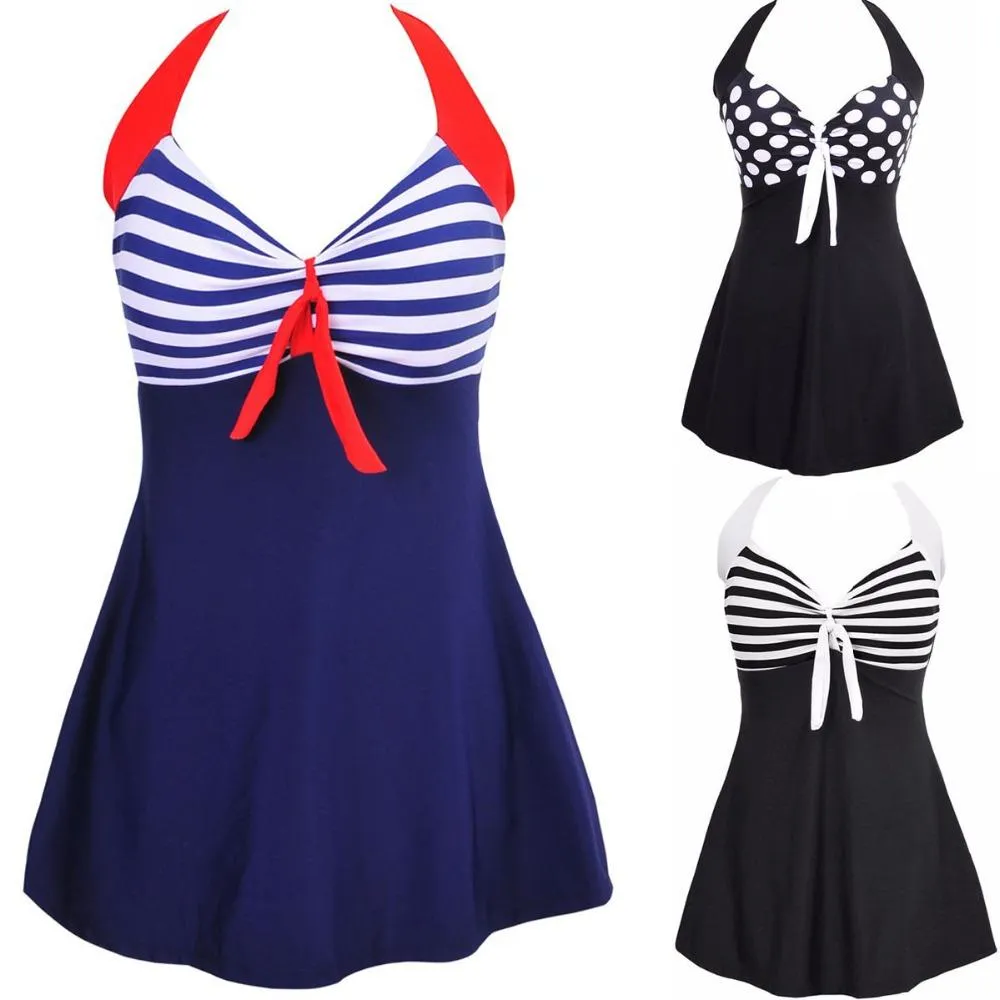 Sexy Plus Size Striped Halter Skirt One Piece Swimwear for Women