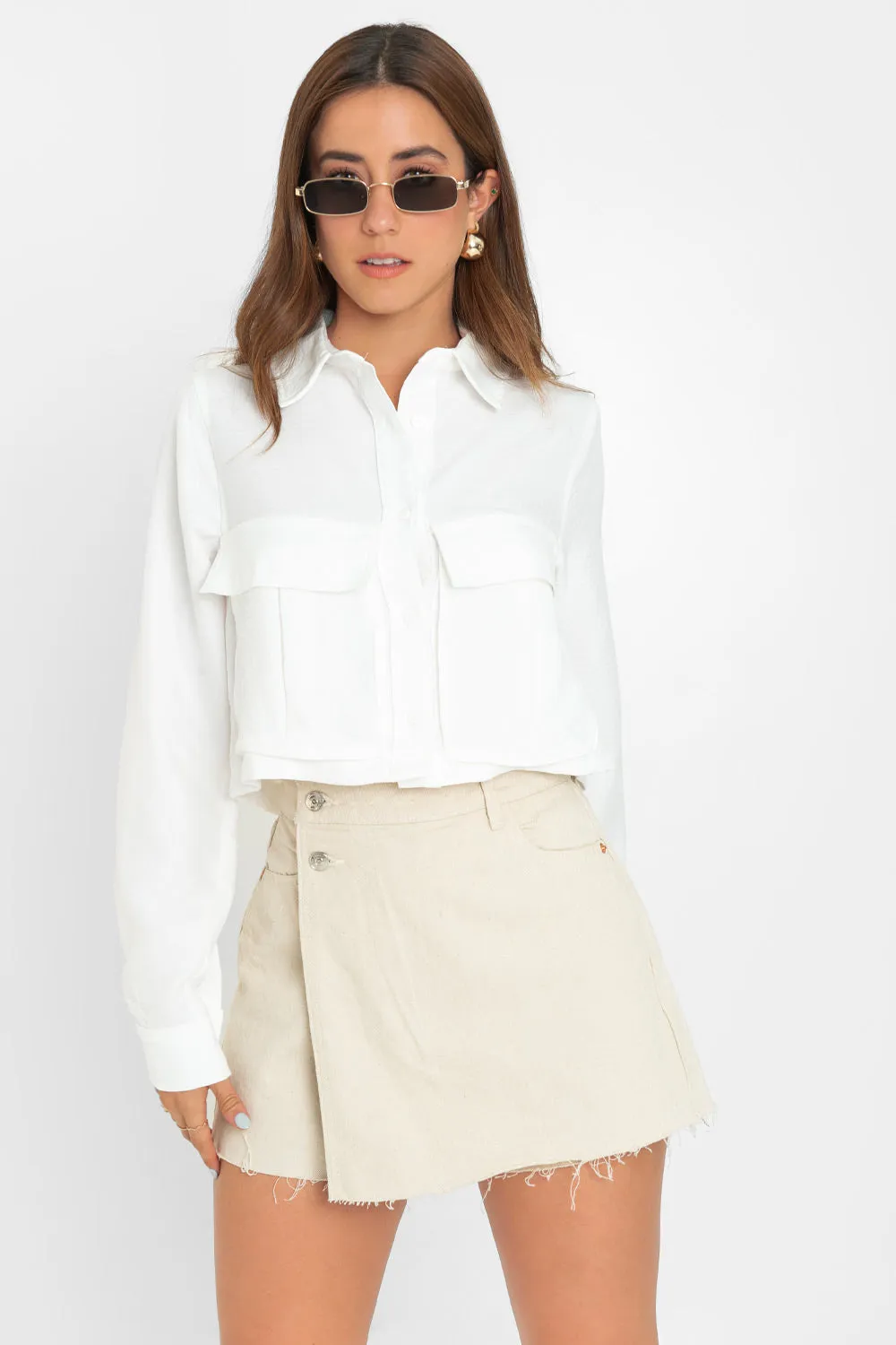 Long Sleeve Short Cargo Shirt with Pockets