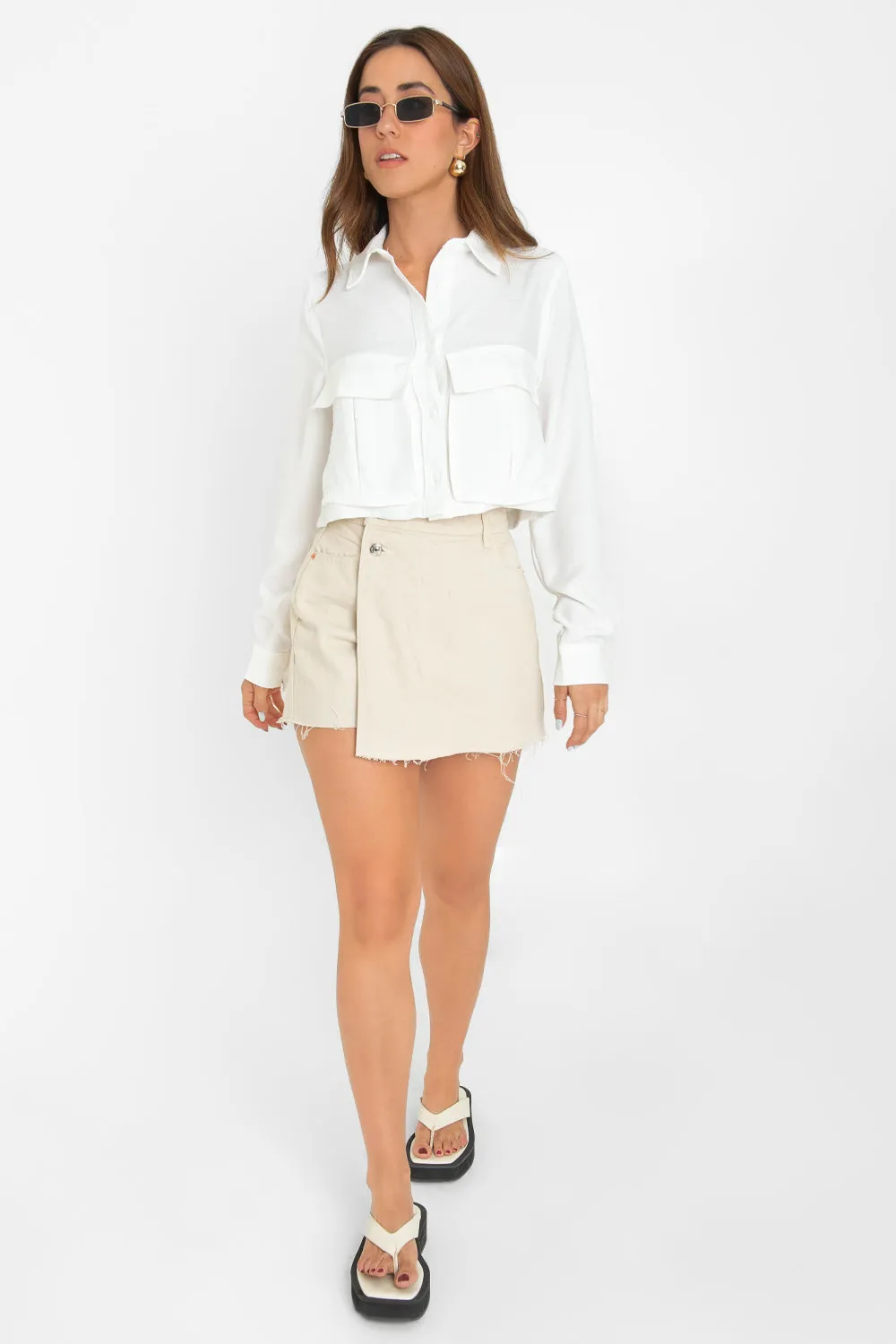 Long Sleeve Short Cargo Shirt with Pockets