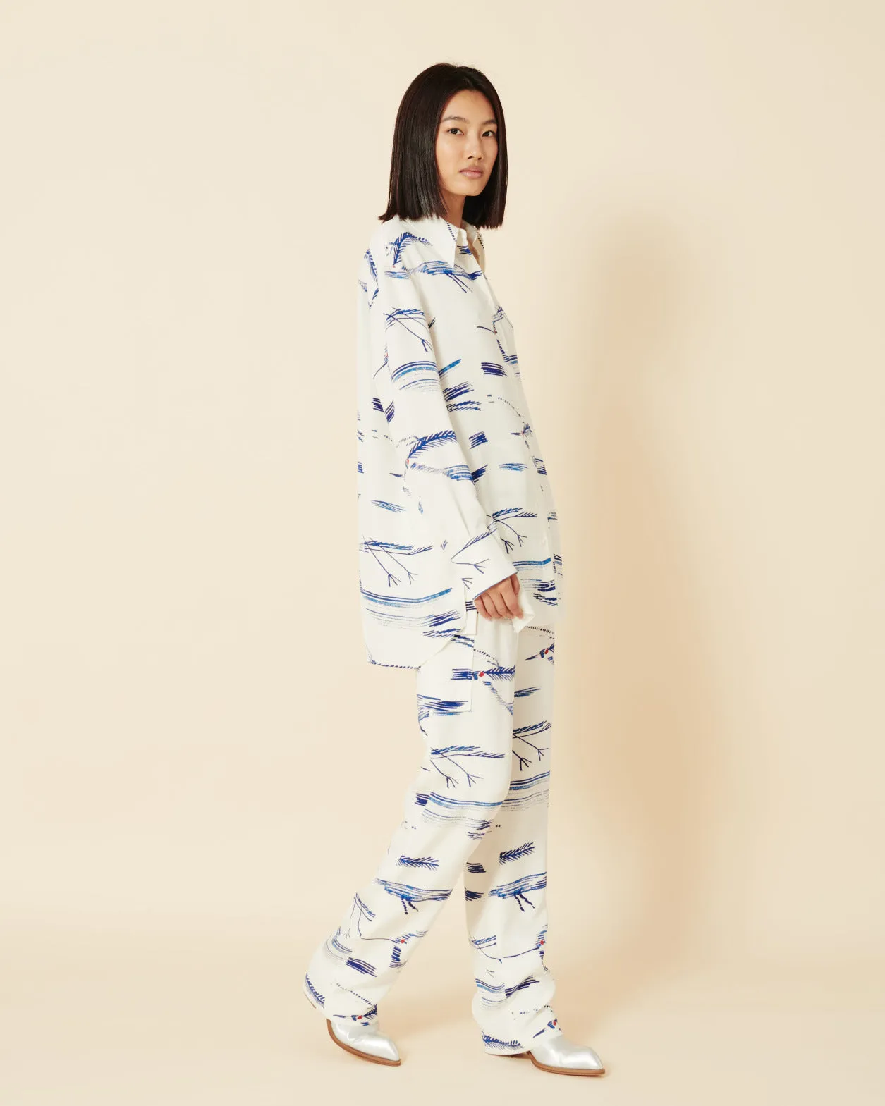 Silk Bird Print Cargo Pants